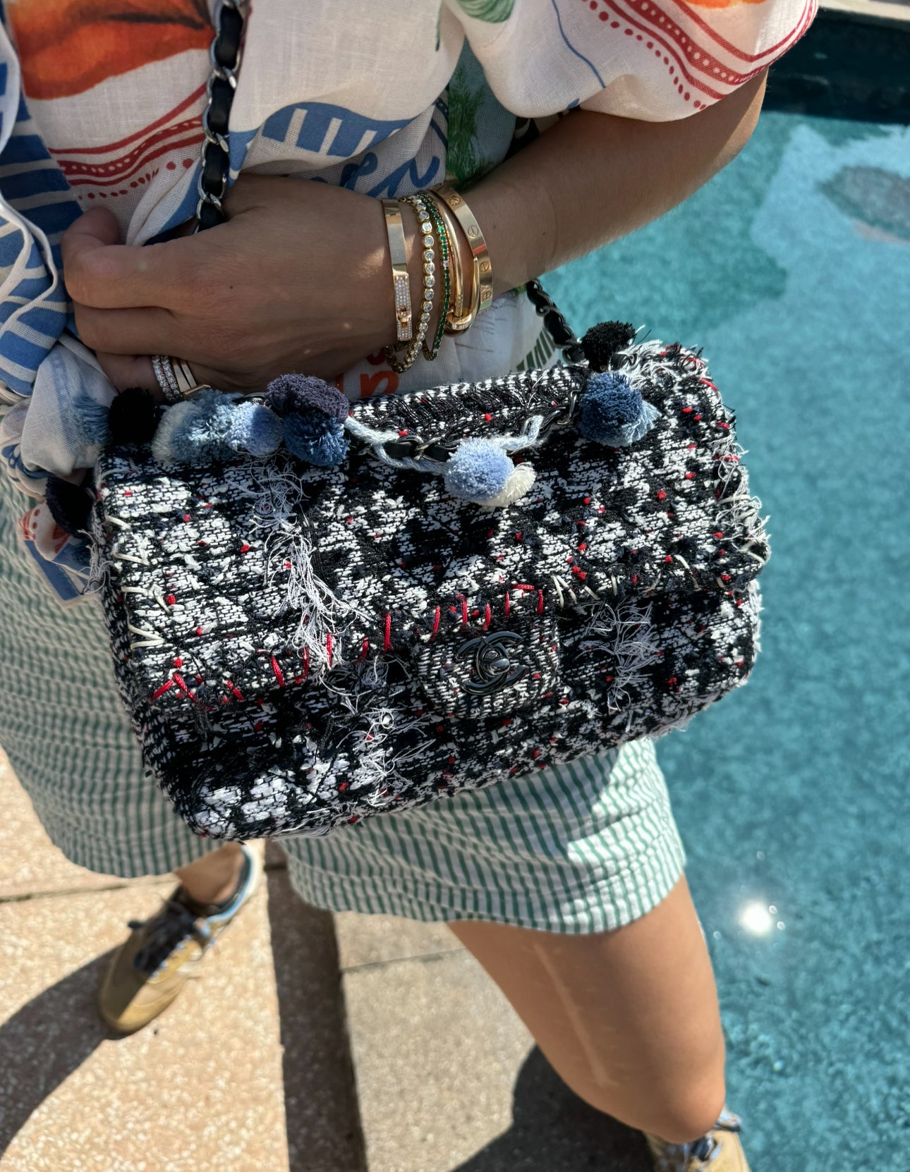 Chanel Black and White Tweed Pom Pom Flapbag