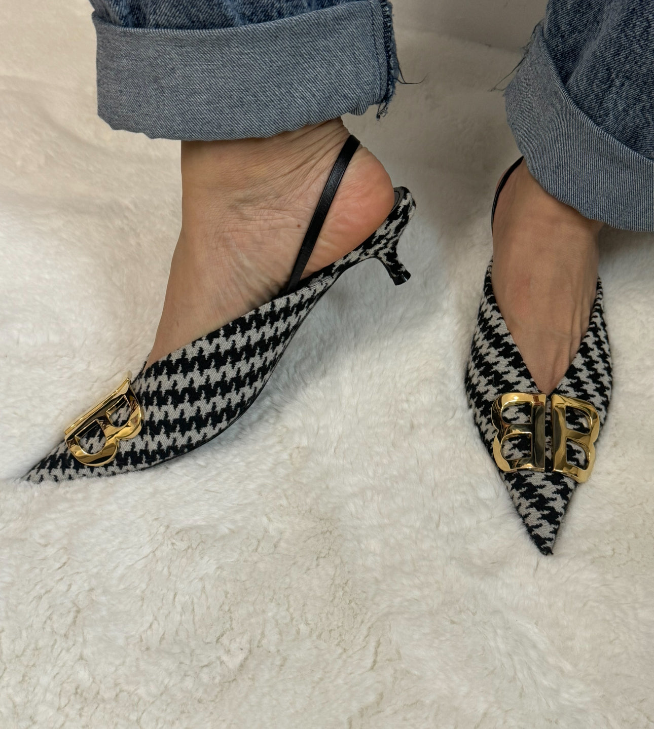 Balenciaga BB Knife Houndstooth Slingback Kitten Heels - Size FR 37.5