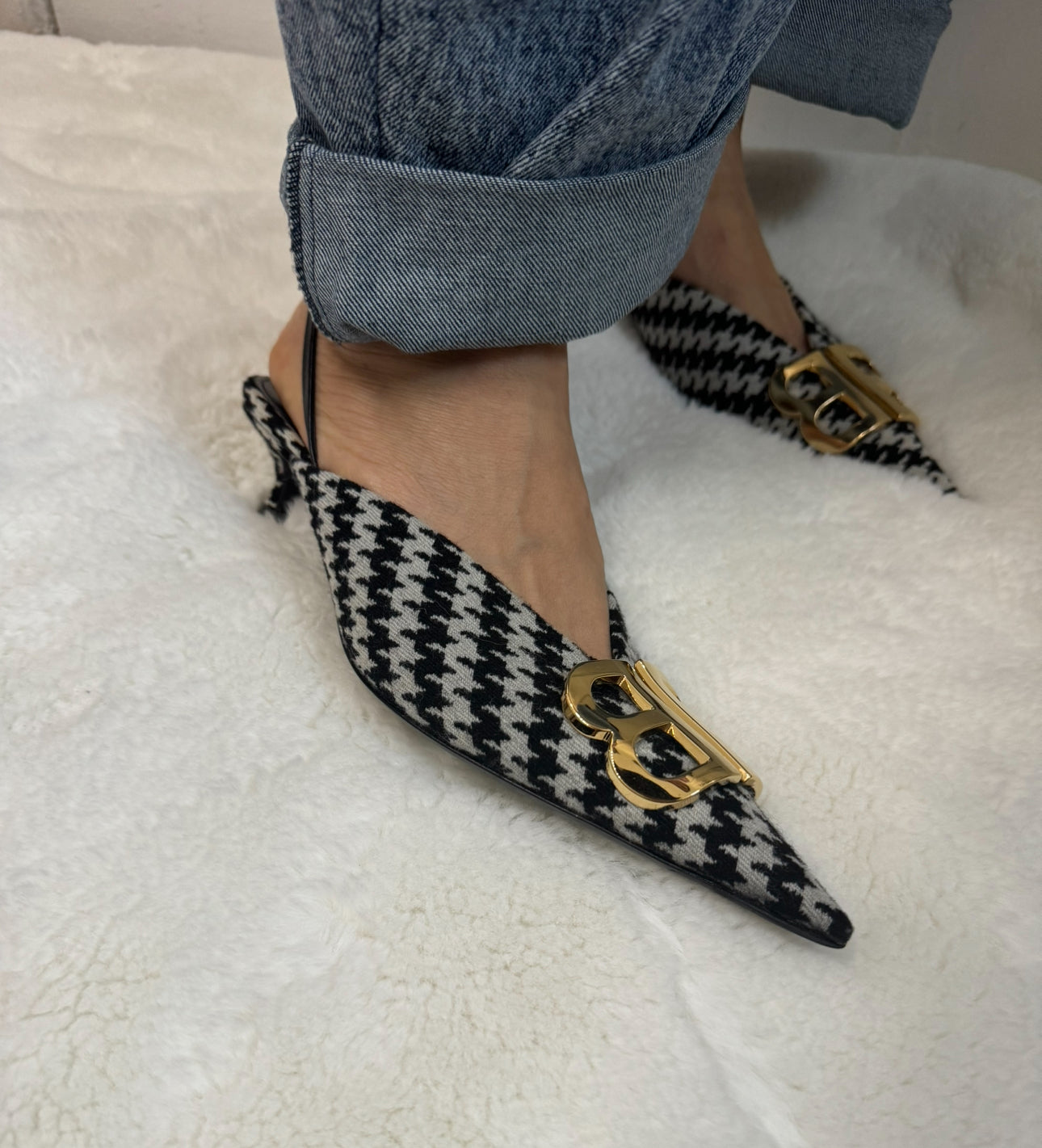 Balenciaga BB Knife Houndstooth Slingback Kitten Heels - Size FR 37.5