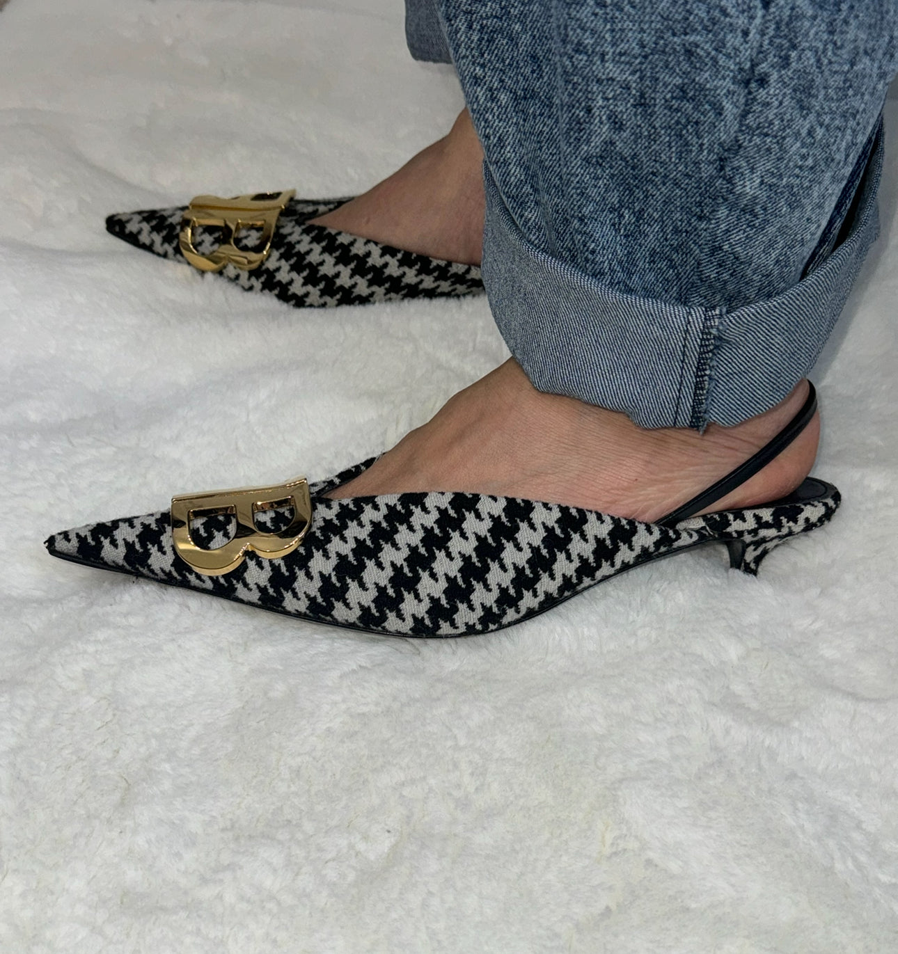 Balenciaga BB Knife Houndstooth Slingback Kitten Heels - Size FR 37.5