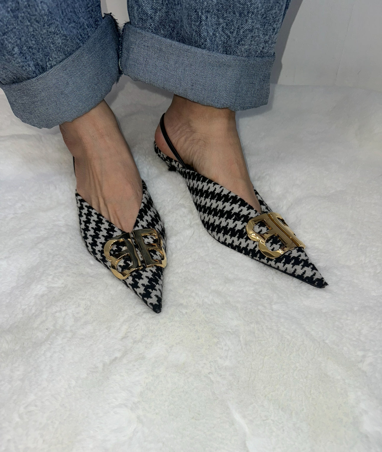 Balenciaga BB Knife Houndstooth Slingback Kitten Heels - Size FR 37.5