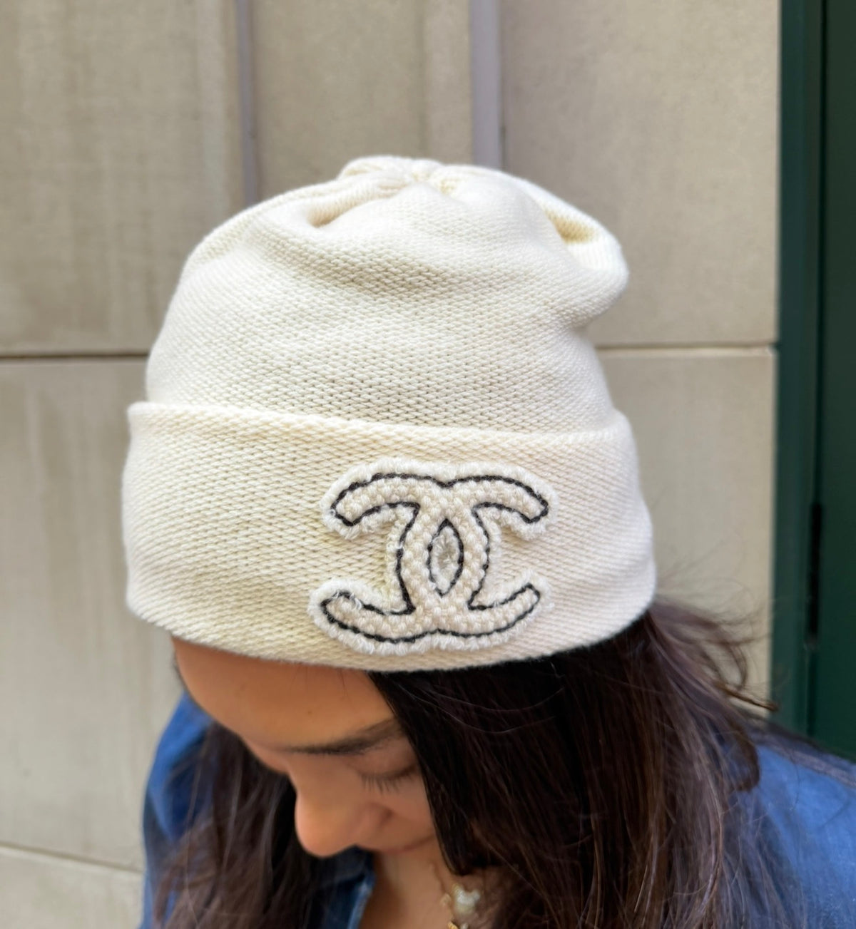 Chanel White Ivory Beanie with Black CC Logo