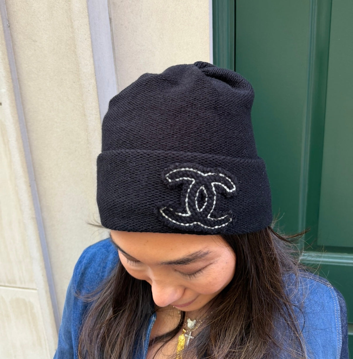 Chanel Black Beanie with White CC Logo