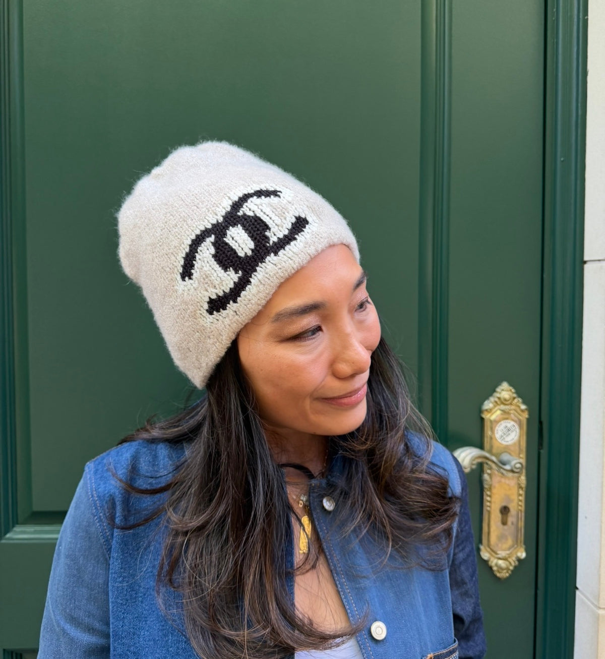 Chanel Beige Beanie with Black CC Logo