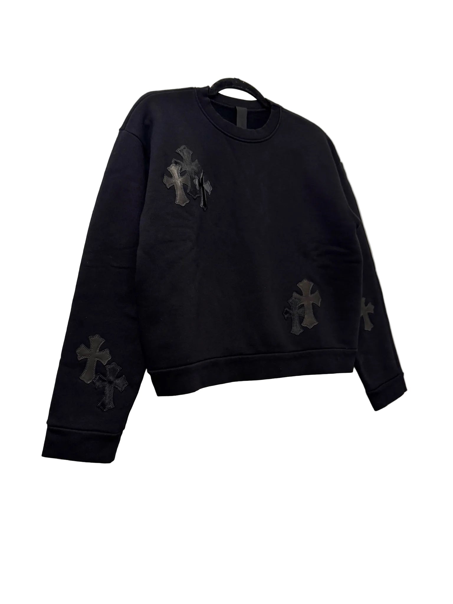Chrome Hearts Black Sweater Black Leather and Ponyhair Cross Patches