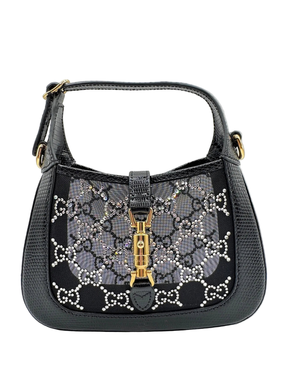 Gucci Mini Jackie Black Lizard Bag with GG Crystals