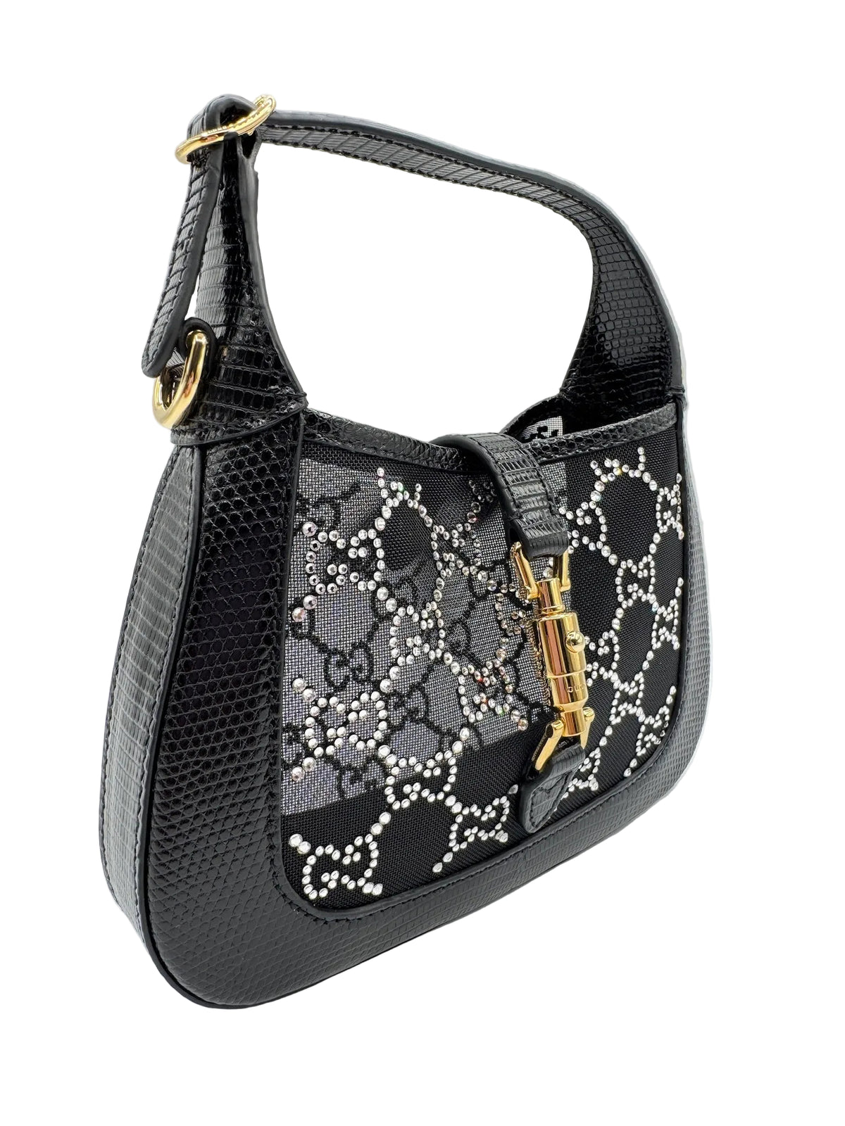 Gucci Mini Jackie Black Lizard Bag with GG Crystals