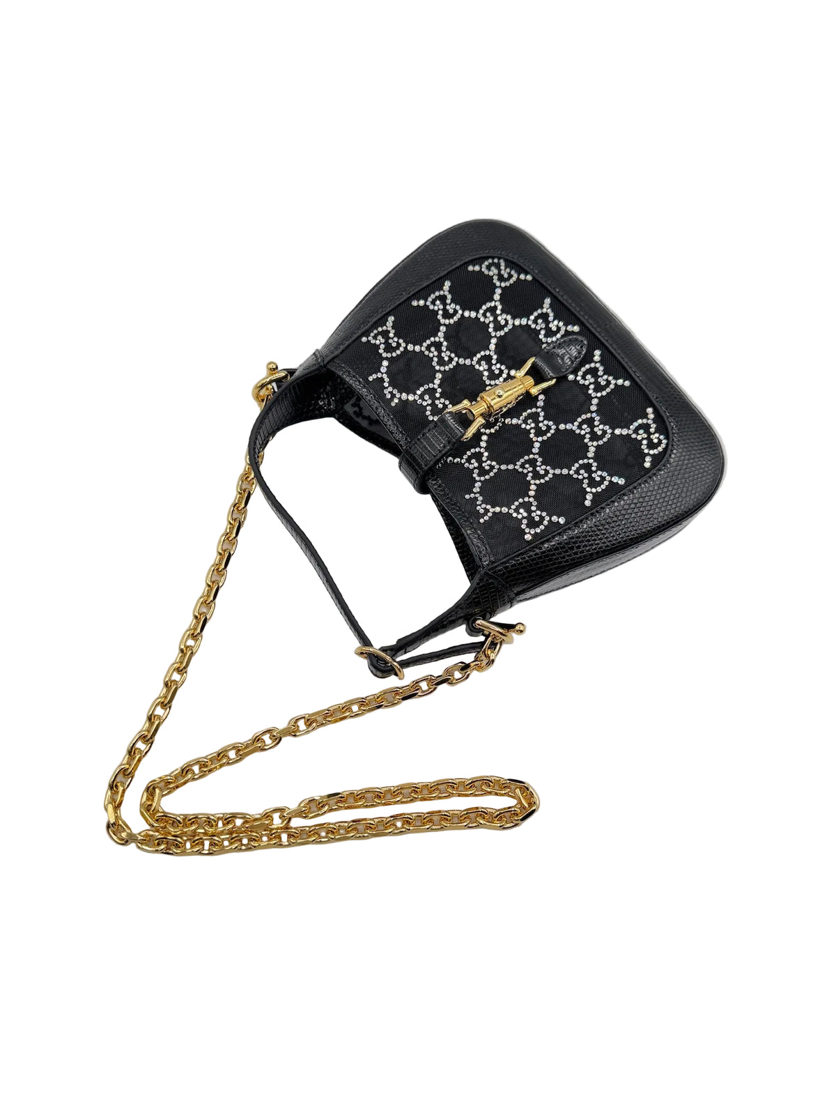 Gucci Mini Jackie Black Lizard Bag with GG Crystals