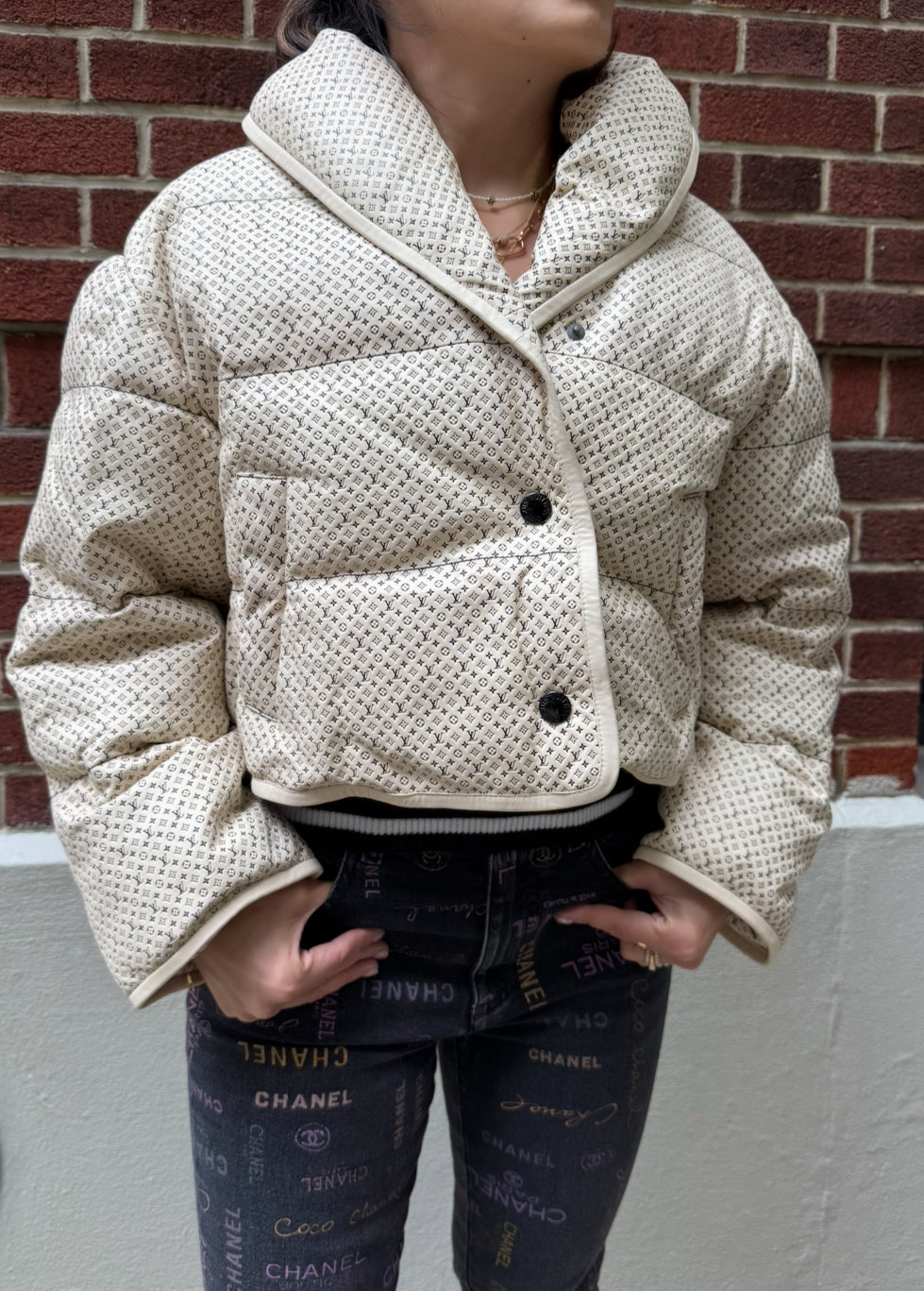 Louis Vuitton Cream Leather Puffer Jacket with Mini Monograms