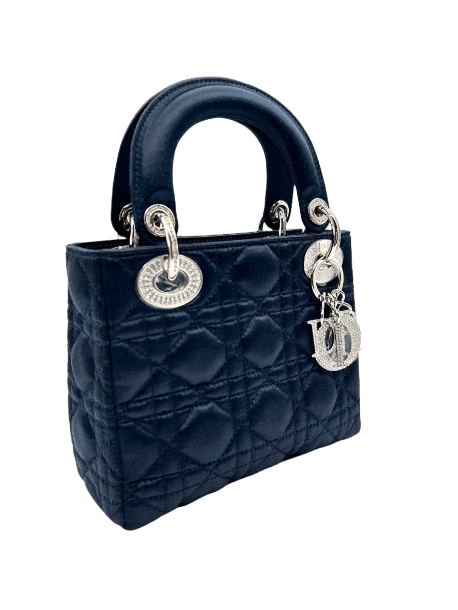 Dior Limited Edition Exclusive Princess Diana Lady Dior Blue Satin Bag with Dior Crystalized Charms and Detachable Strap