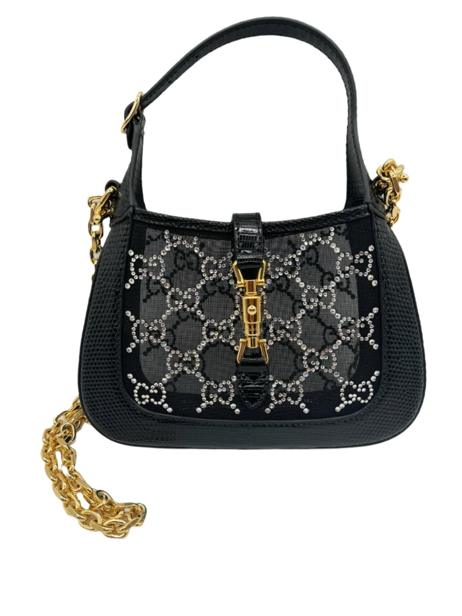 Gucci Mini Jackie Black Lizard Bag with GG Crystals