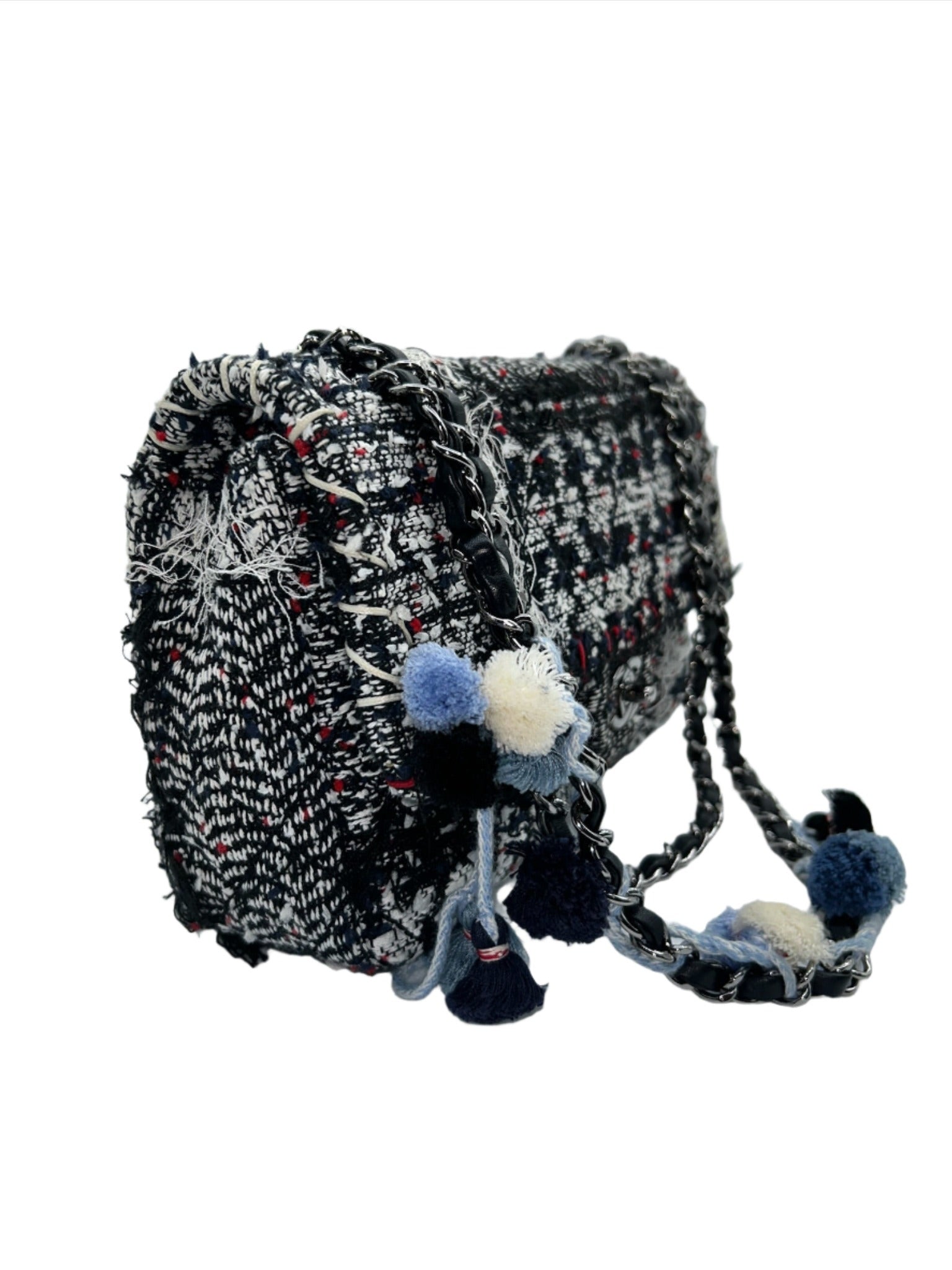 Chanel Black and White Tweed Pom Pom Flapbag