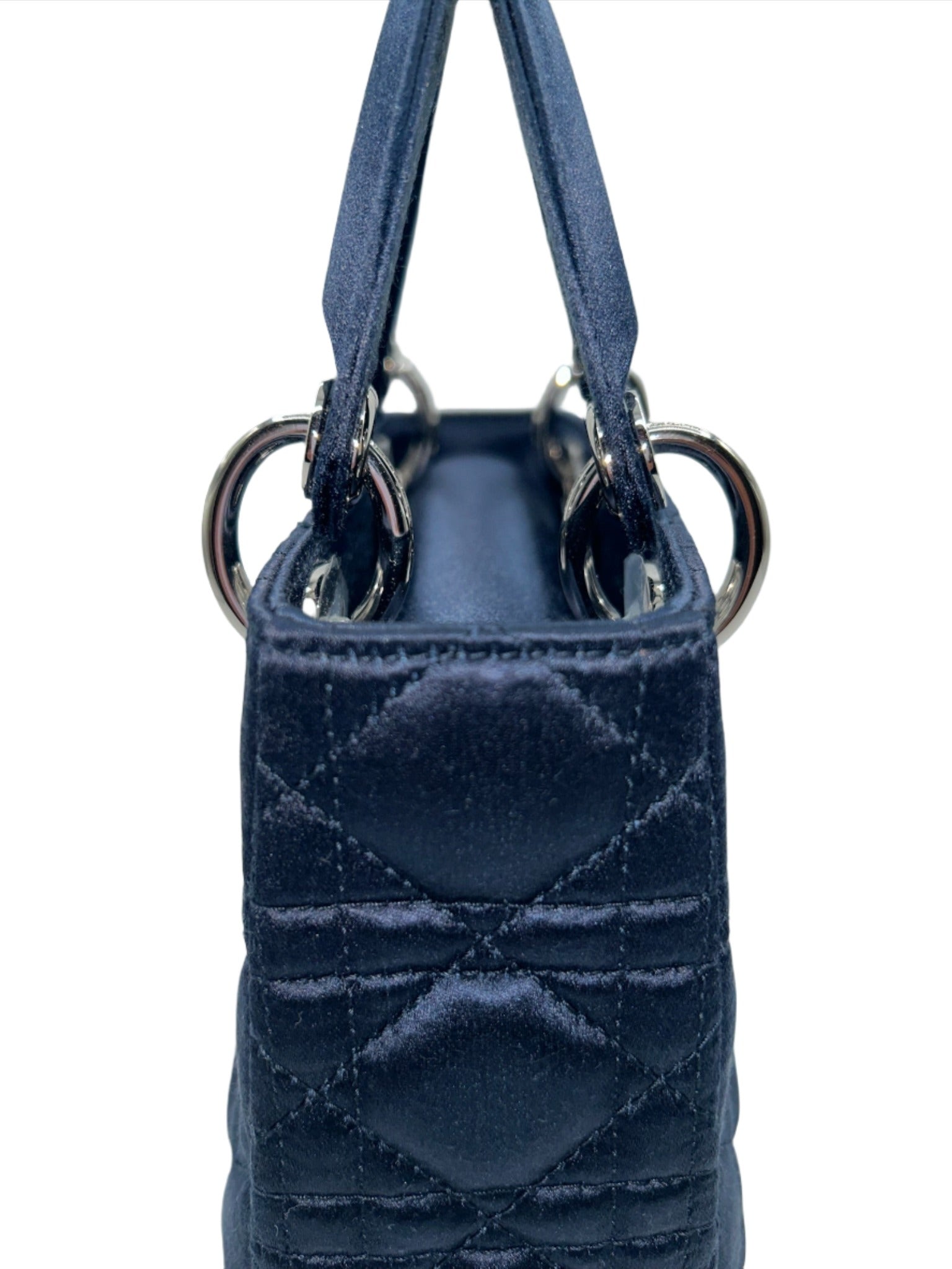 Dior Limited Edition Exclusive Princess Diana Lady Dior Blue Satin Bag with Dior Crystalized Charms and Detachable Strap