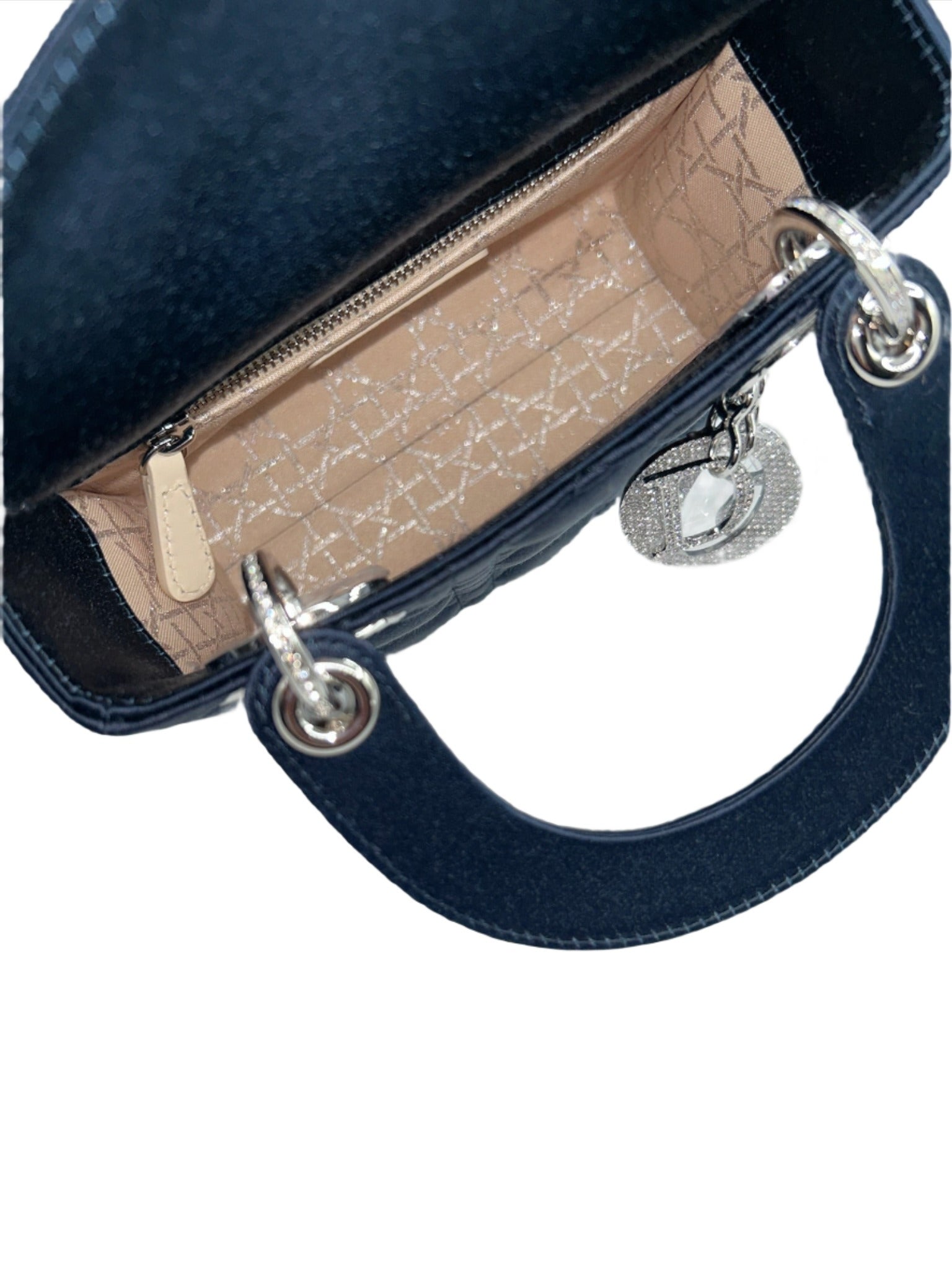 Dior Limited Edition Exclusive Princess Diana Lady Dior Blue Satin Bag with Dior Crystalized Charms and Detachable Strap