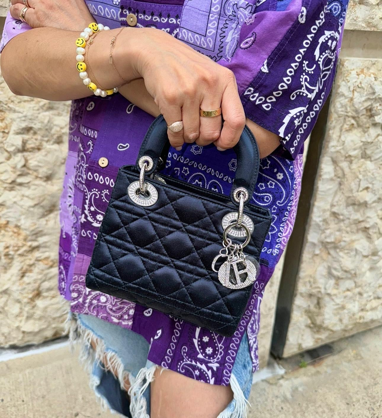 Dior Limited Edition Exclusive Princess Diana Lady Dior Blue Satin Bag with Dior Crystalized Charms and Detachable Strap