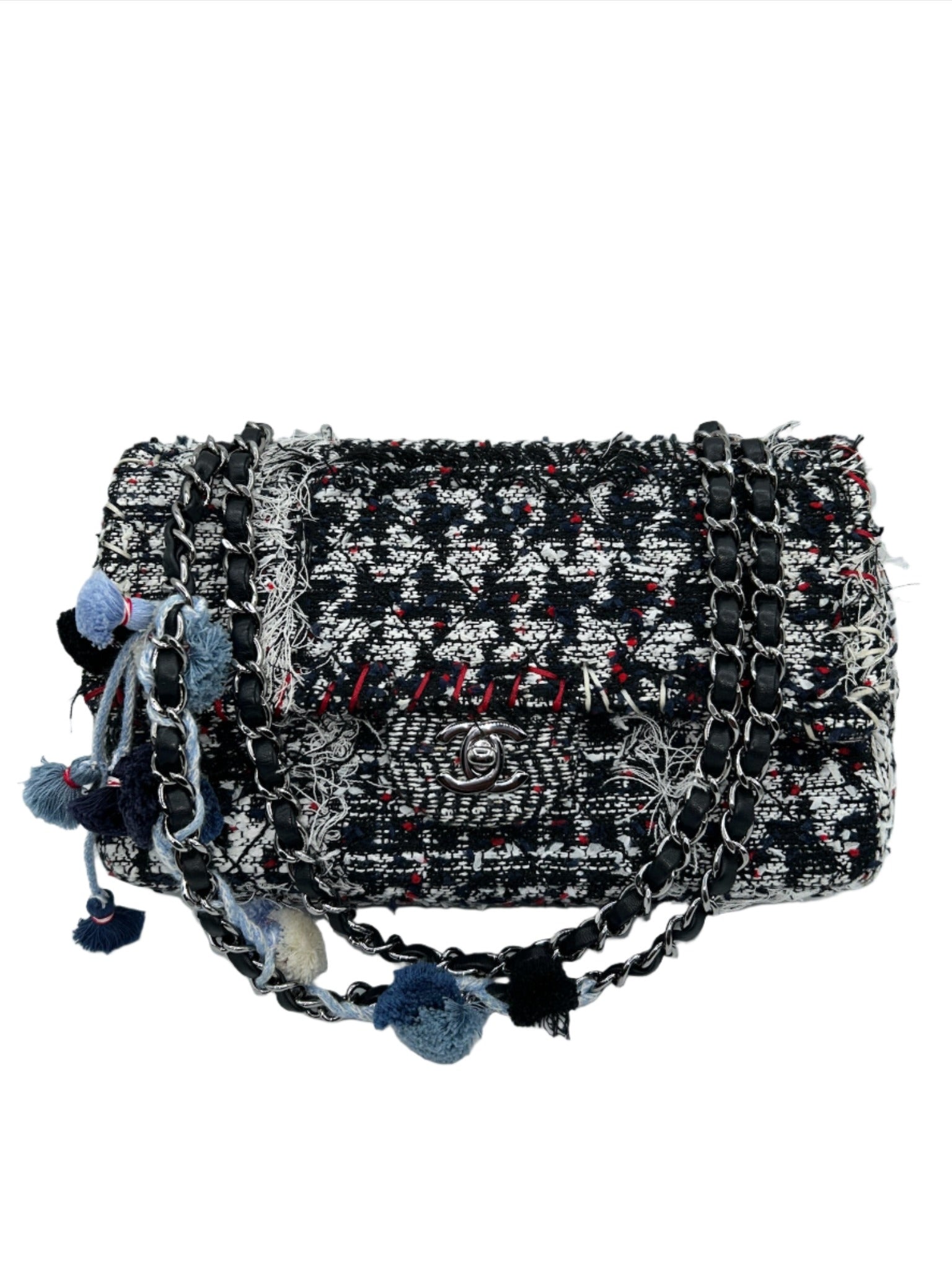Chanel Black and White Tweed Pom Pom Flapbag