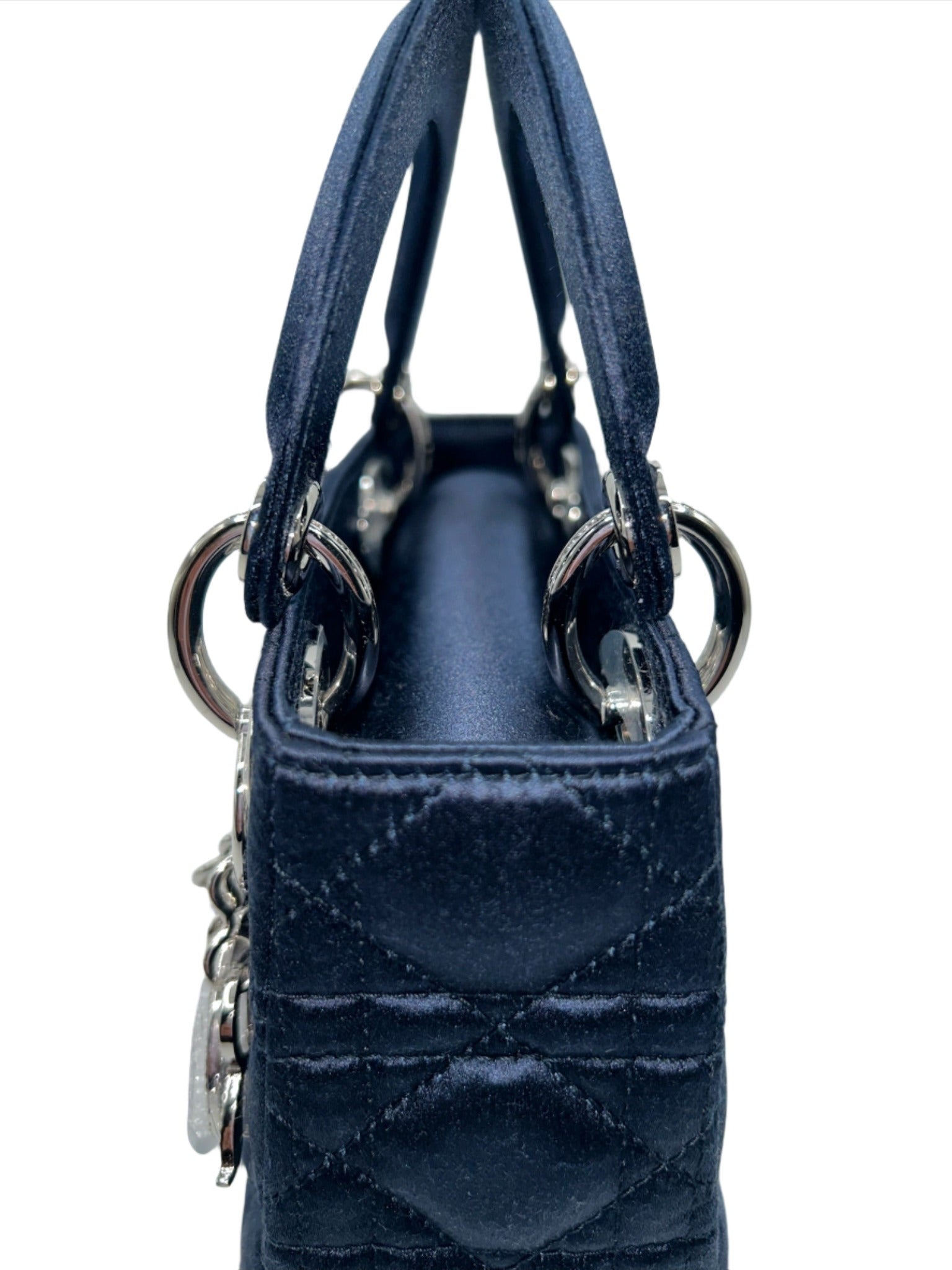Dior Limited Edition Exclusive Princess Diana Lady Dior Blue Satin Bag with Dior Crystalized Charms and Detachable Strap