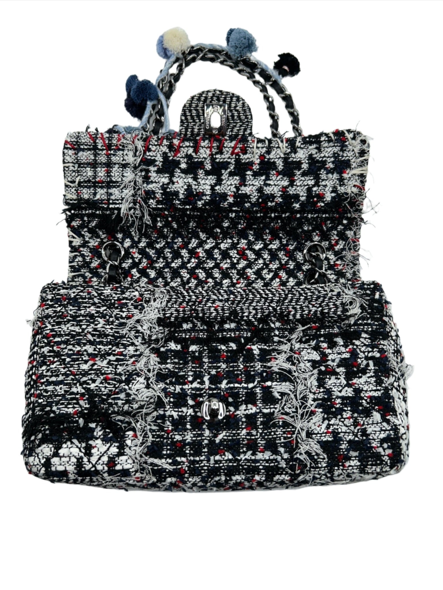 Chanel Black and White Tweed Pom Pom Flapbag
