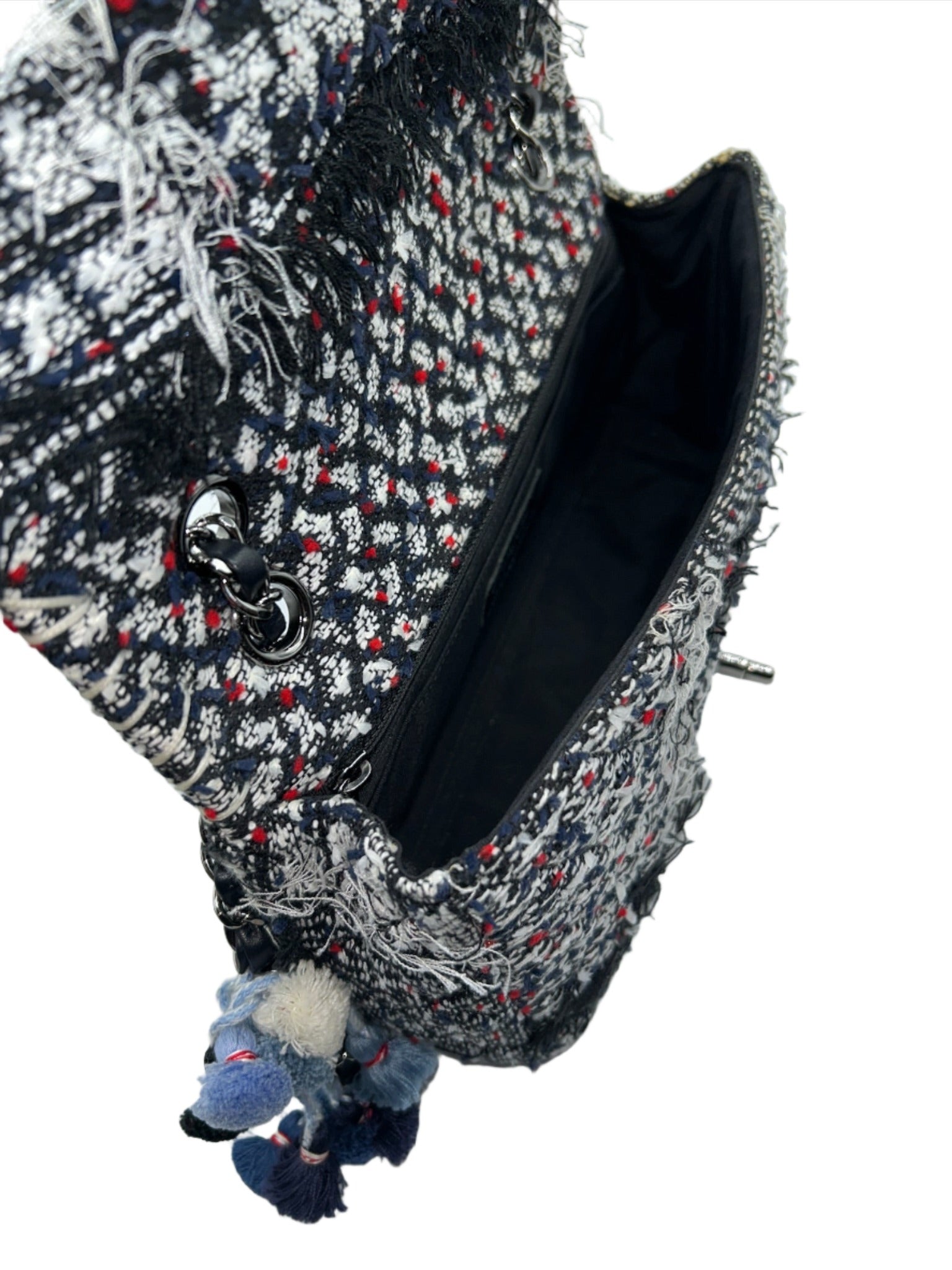 Chanel Black and White Tweed Pom Pom Flapbag