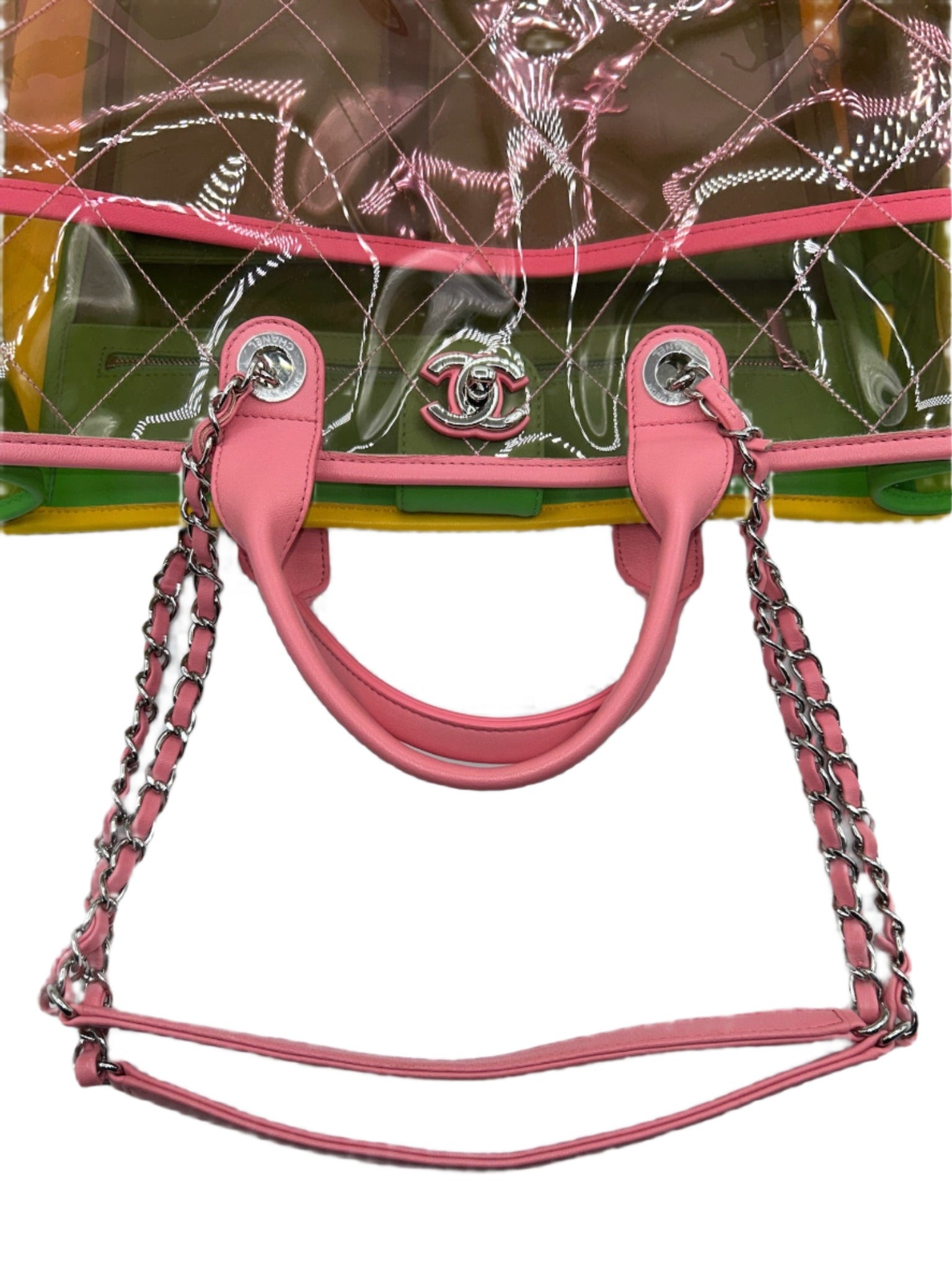 Chanel Coco Splash Yellow, Pink and Green Colorful PVC Transparent Medium Size Tote Bag with Lambskin Leather and Silver Hardware