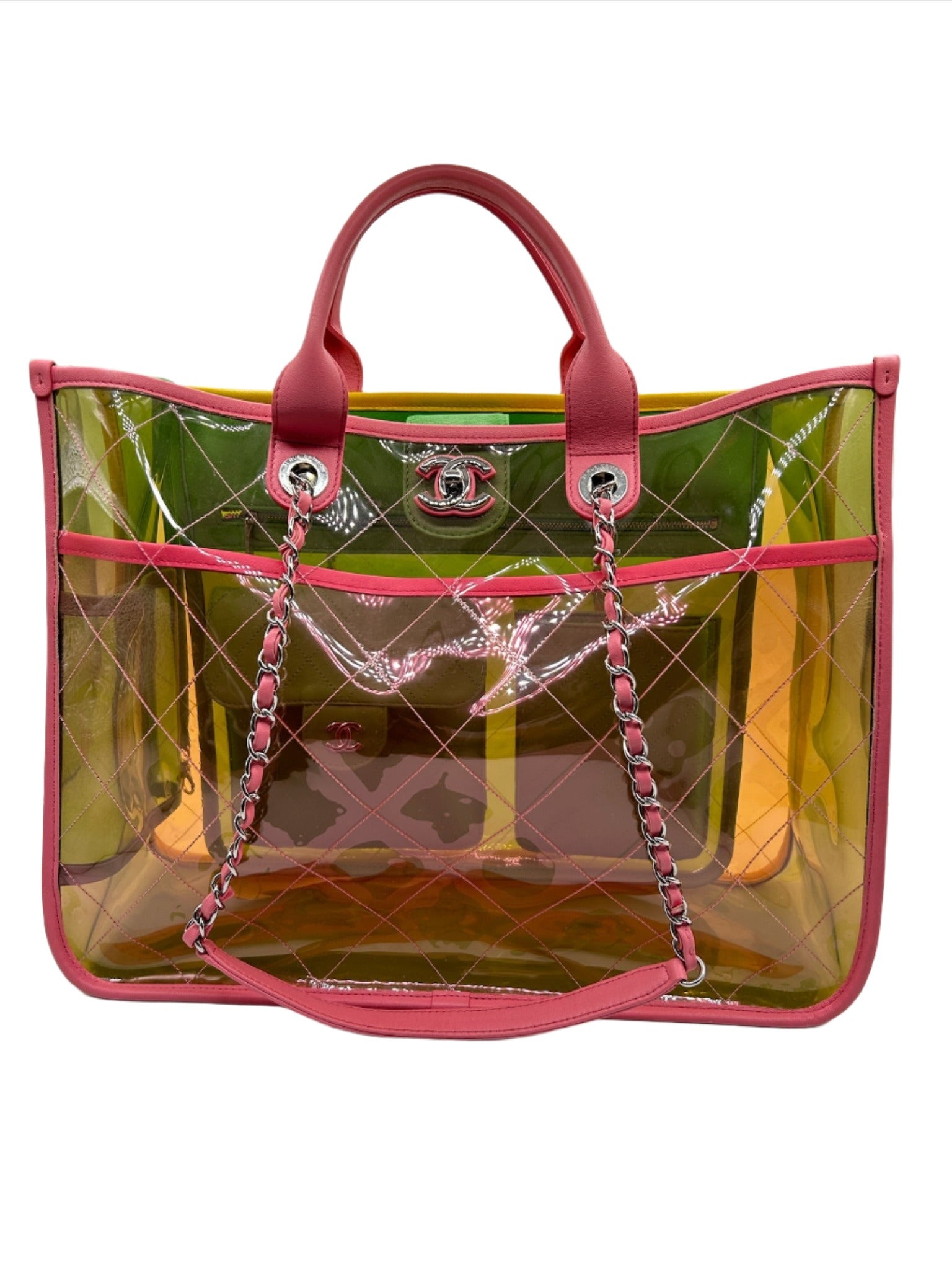 Chanel Coco Splash Yellow, Pink and Green Colorful PVC Transparent Medium Size Tote Bag with Lambskin Leather and Silver Hardware