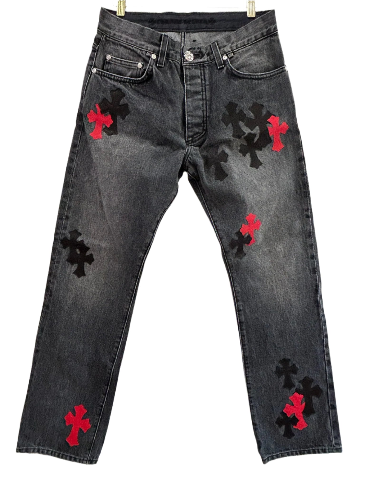 Chrome Hearts Black Jeans Red and Black Cross Leather Patches
