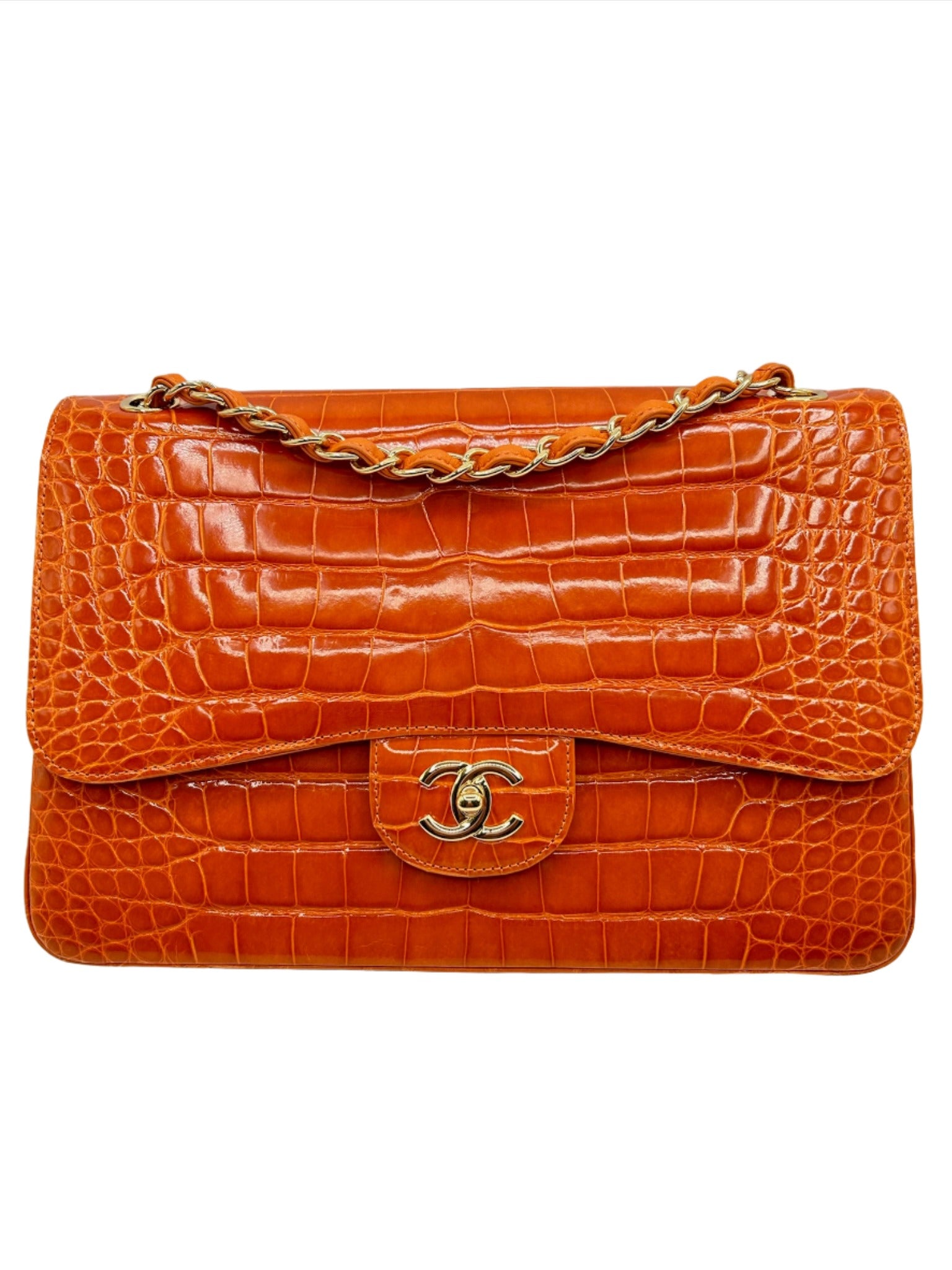 Chanel Orange Alligator Large Classic Double Flapbag
