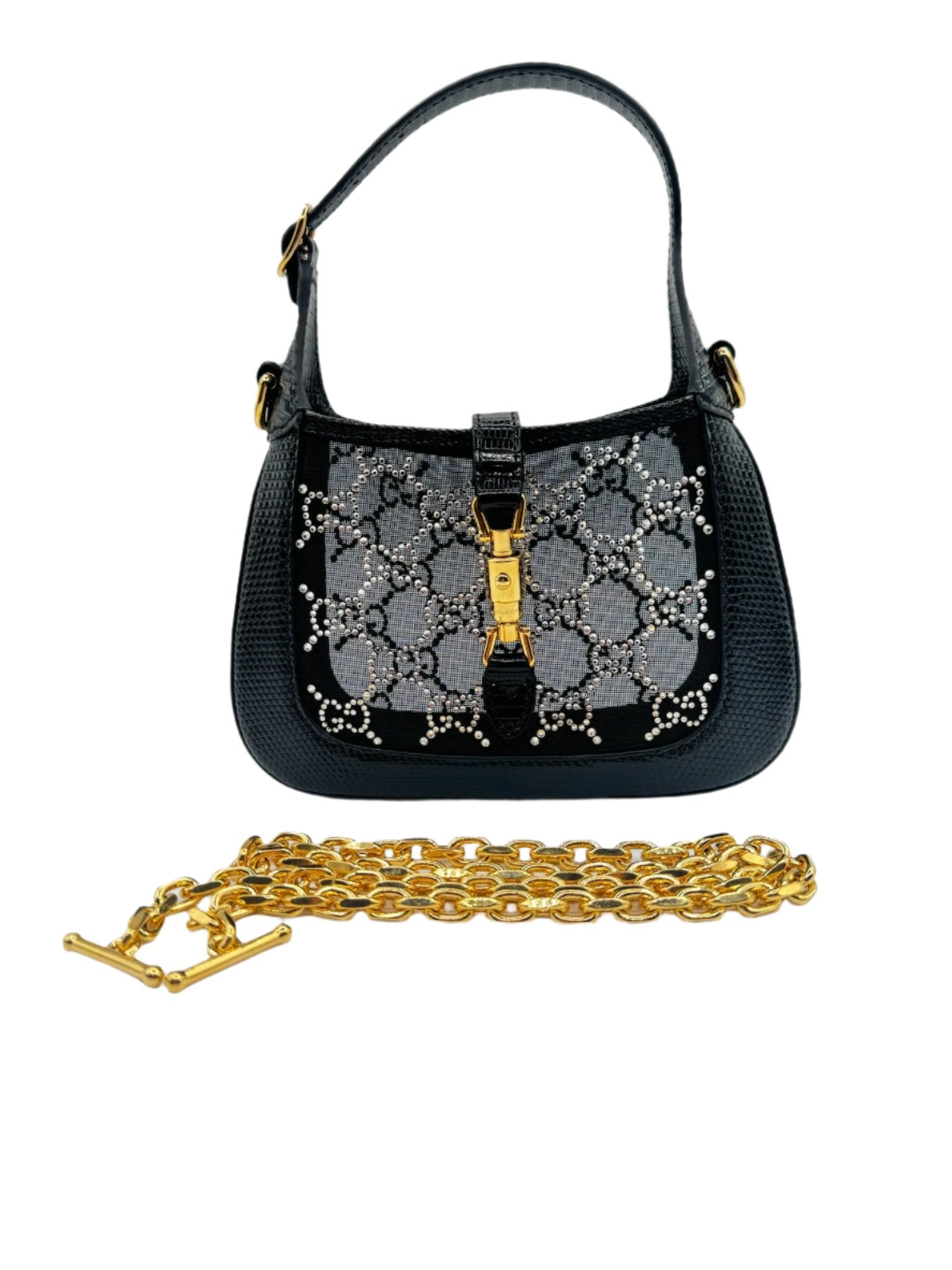 Gucci Mini Jackie Black Lizard Bag with GG Crystals
