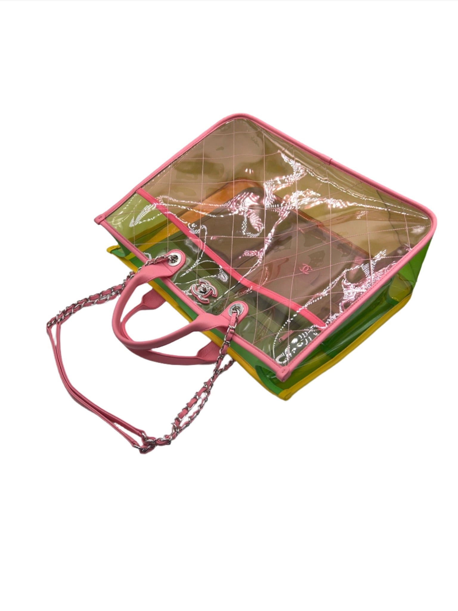 Chanel Coco Splash Yellow, Pink and Green Colorful PVC Transparent Medium Size Tote Bag with Lambskin Leather and Silver Hardware