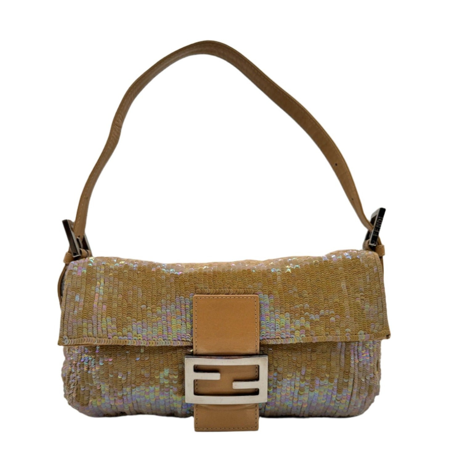 Fendi Nude Sequins Baguette with Light Brown Leather Strap and Silver Hardware