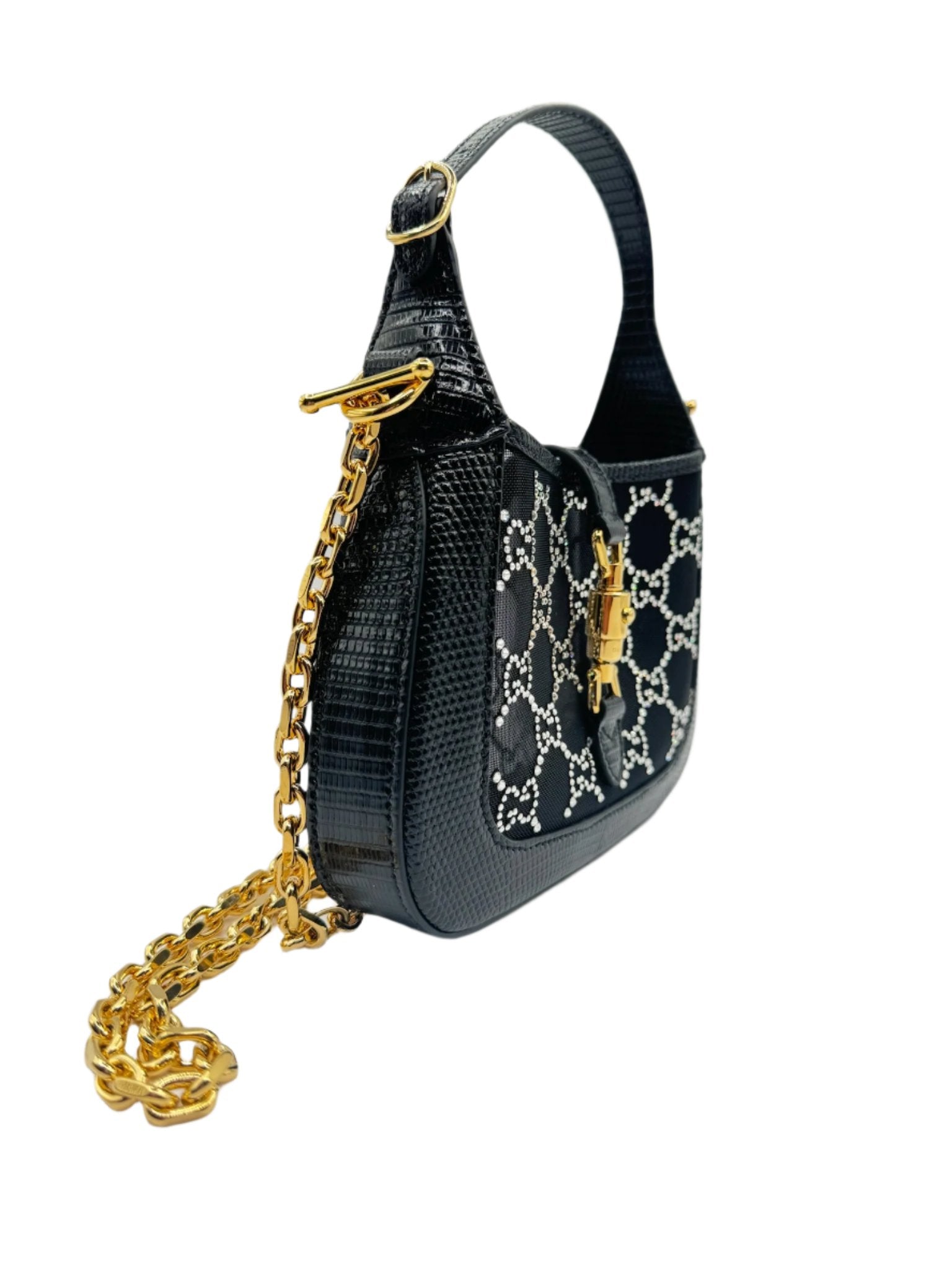 Gucci Mini Jackie Black Lizard Bag with GG Crystals
