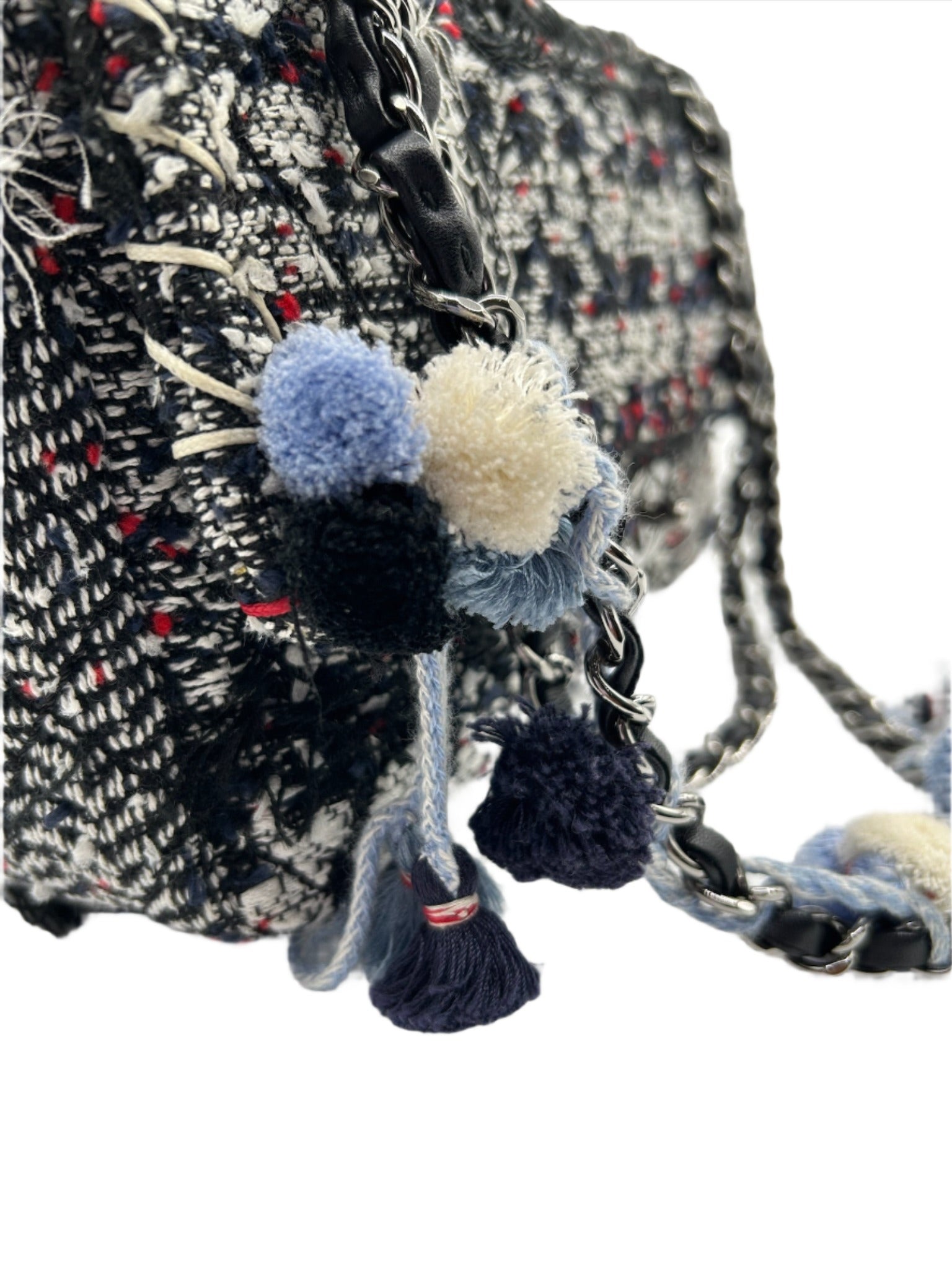 Chanel Black and White Tweed Pom Pom Flapbag