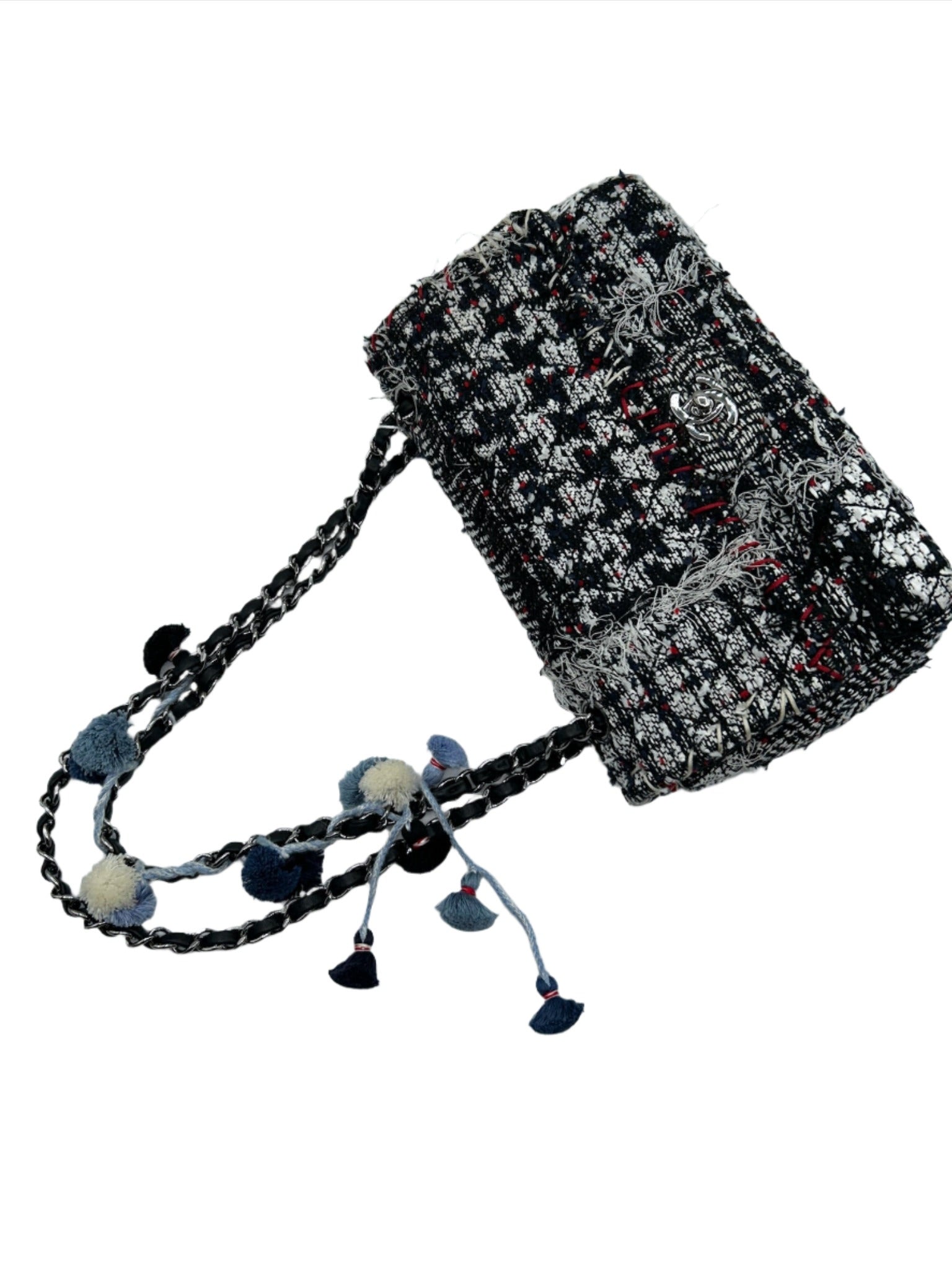 Chanel Black and White Tweed Pom Pom Flapbag