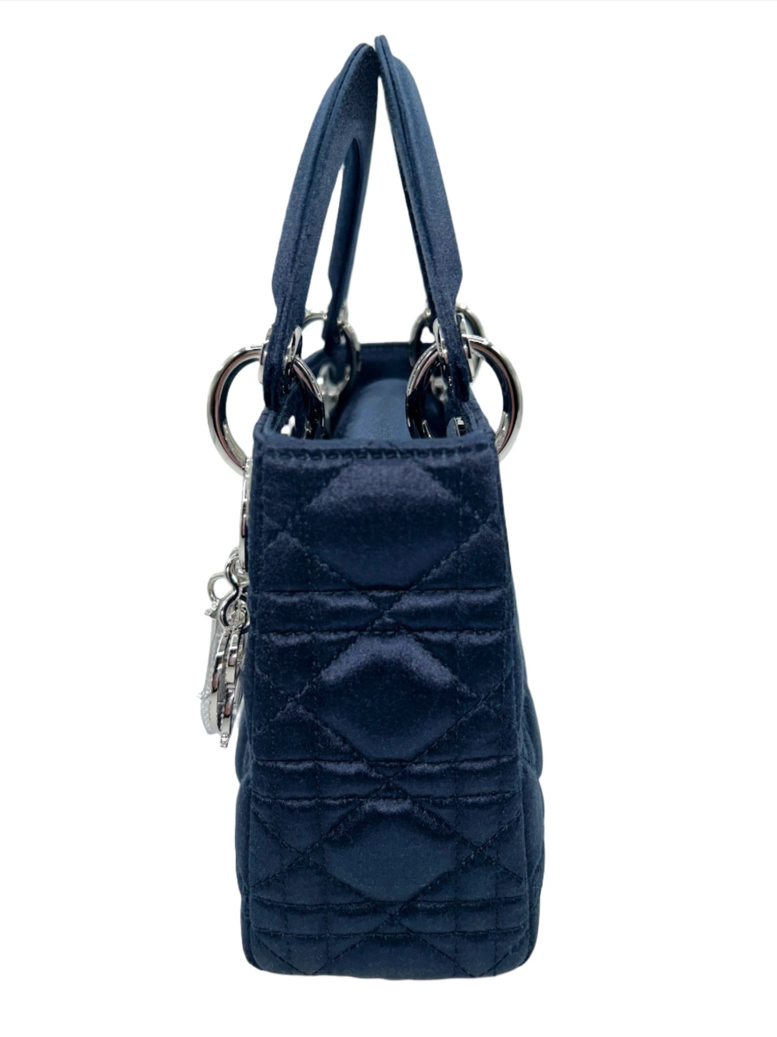 Dior Limited Edition Exclusive Princess Diana Lady Dior Blue Satin Bag with Dior Crystalized Charms and Detachable Strap