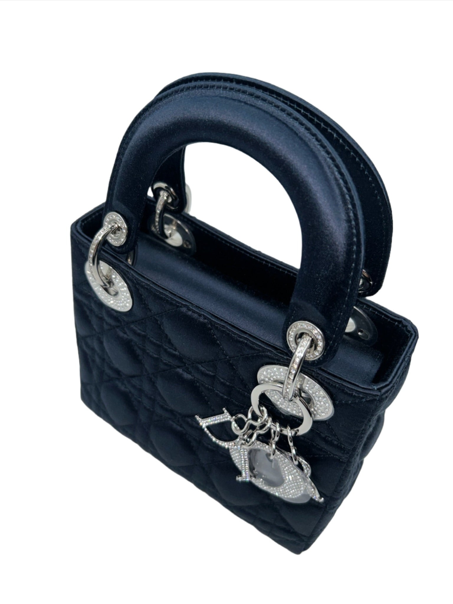 Dior Limited Edition Exclusive Princess Diana Lady Dior Blue Satin Bag with Dior Crystalized Charms and Detachable Strap