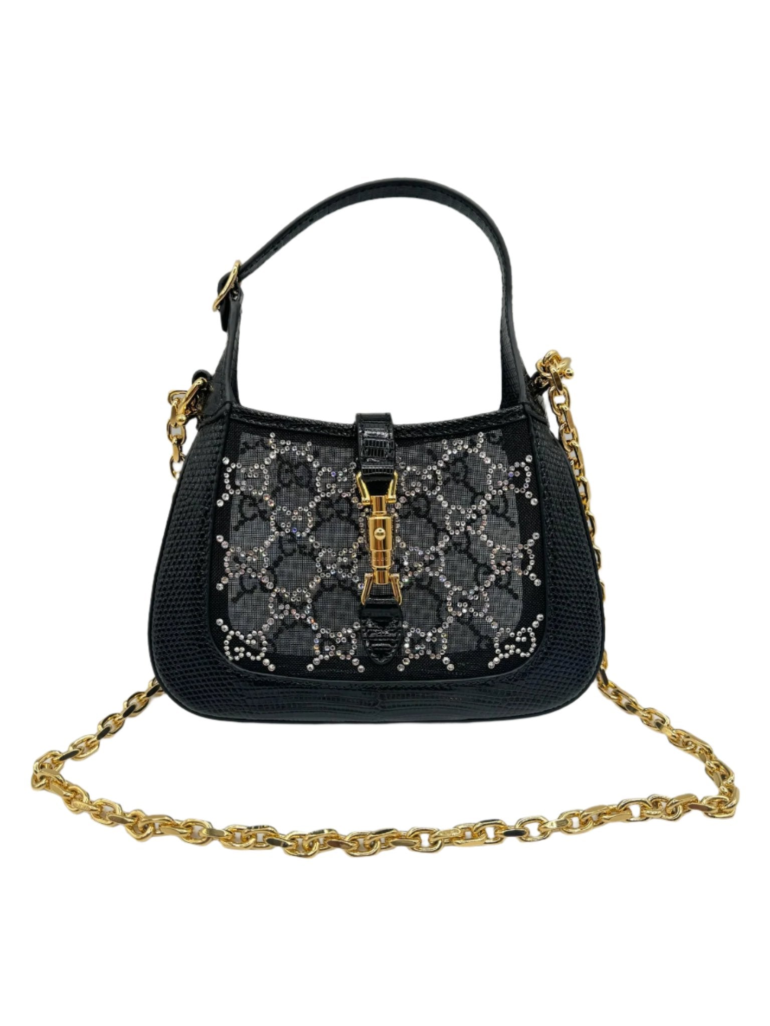 Gucci Mini Jackie Black Lizard Bag with GG Crystals
