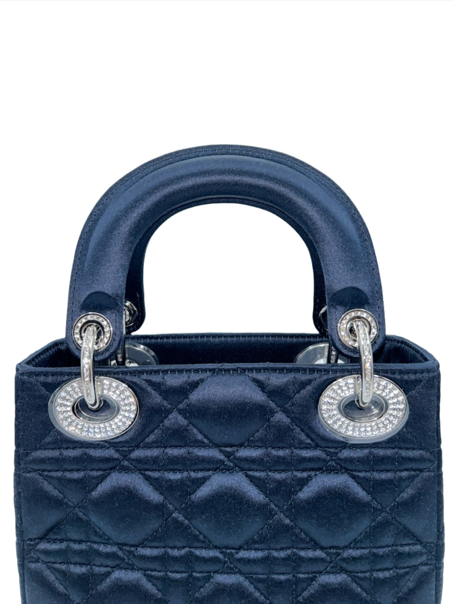 Dior Limited Edition Exclusive Princess Diana Lady Dior Blue Satin Bag with Dior Crystalized Charms and Detachable Strap