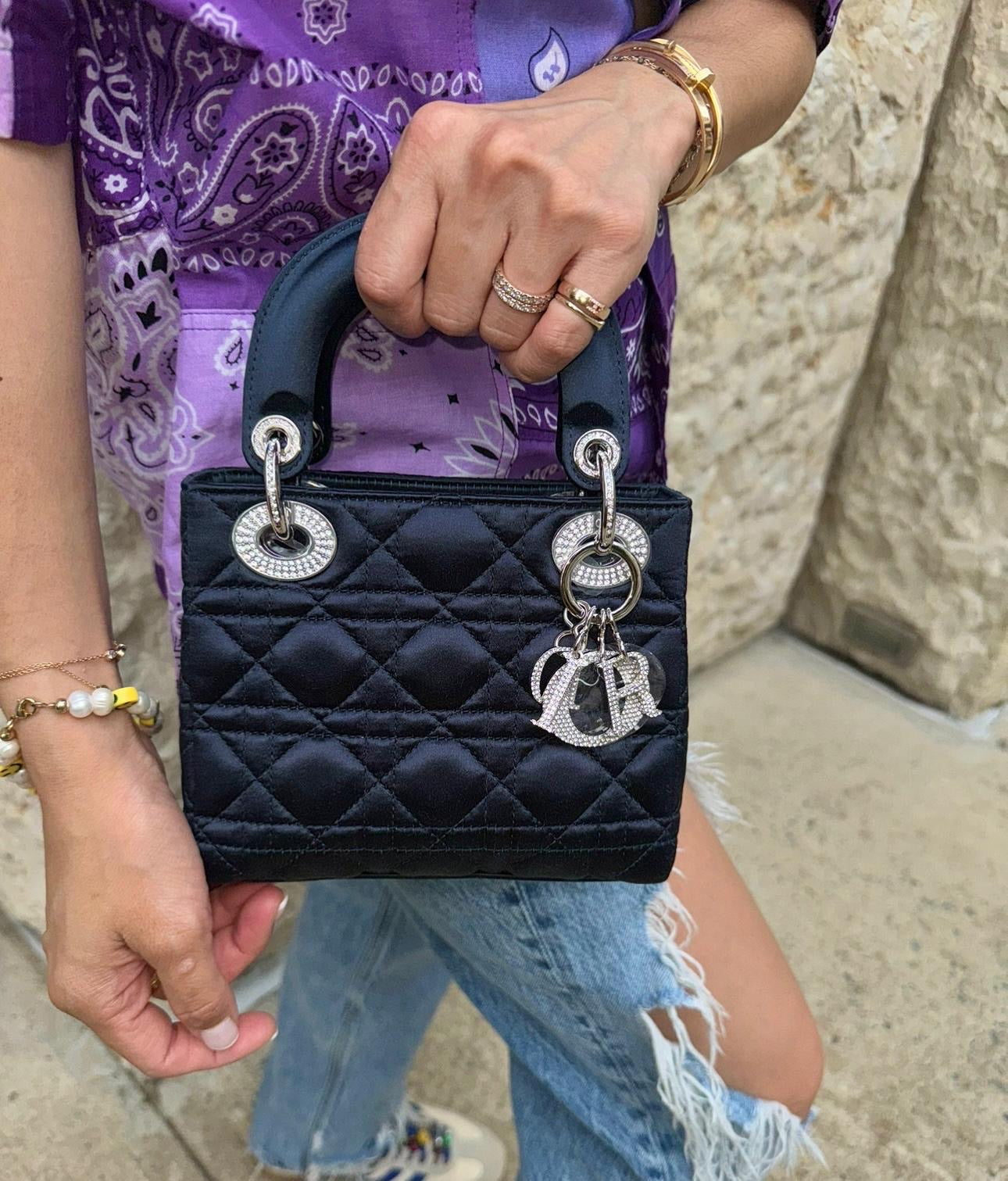 Dior Limited Edition Exclusive Princess Diana Lady Dior Blue Satin Bag with Dior Crystalized Charms and Detachable Strap
