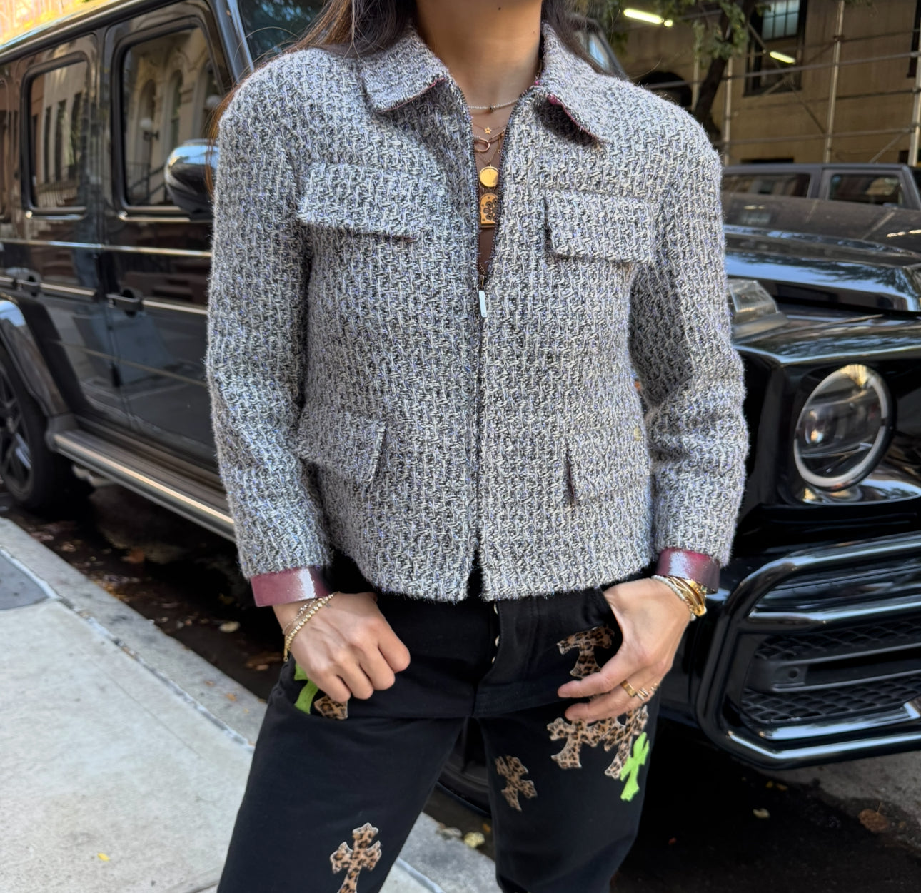 CHANEL Fantasy Tweed Jacket Gray and Metallic Blue