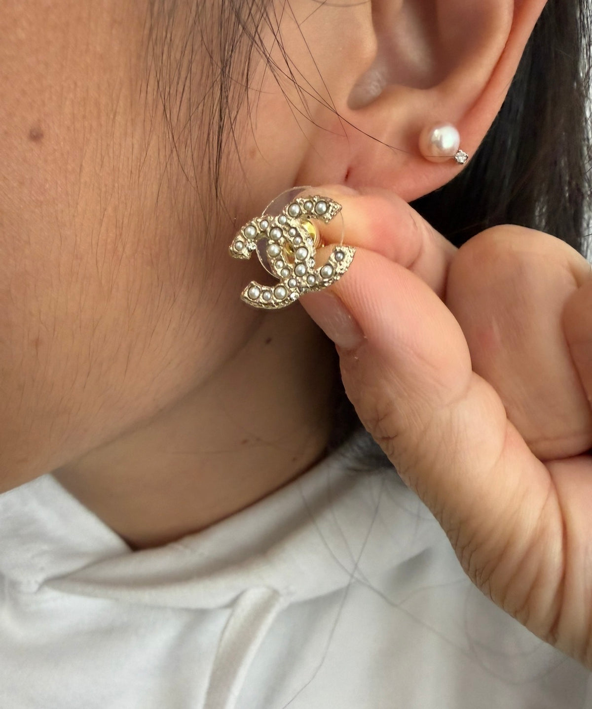 CHANEL Gold CC Stud Earrings with Pearls and Crystals