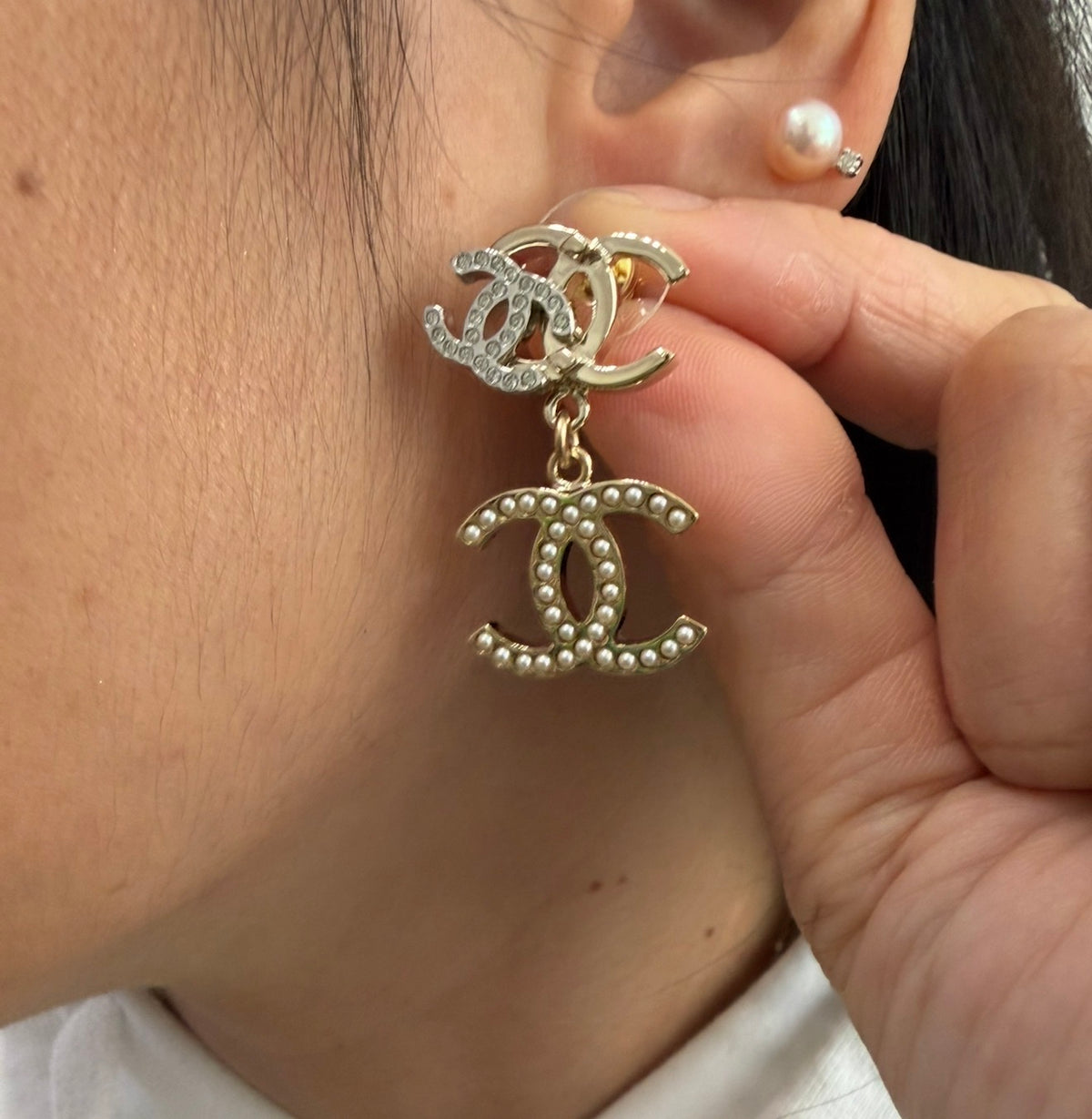 CHANEL Gold Triple CC Logo Earrings