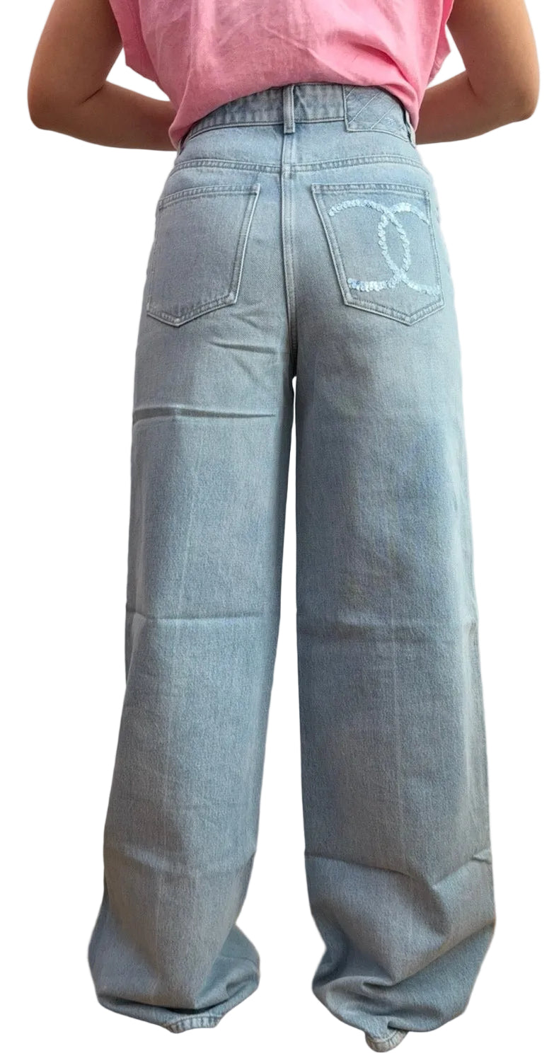 CHANEL Light Blue Wide Leg Jeans Light Blue CC Sequins
