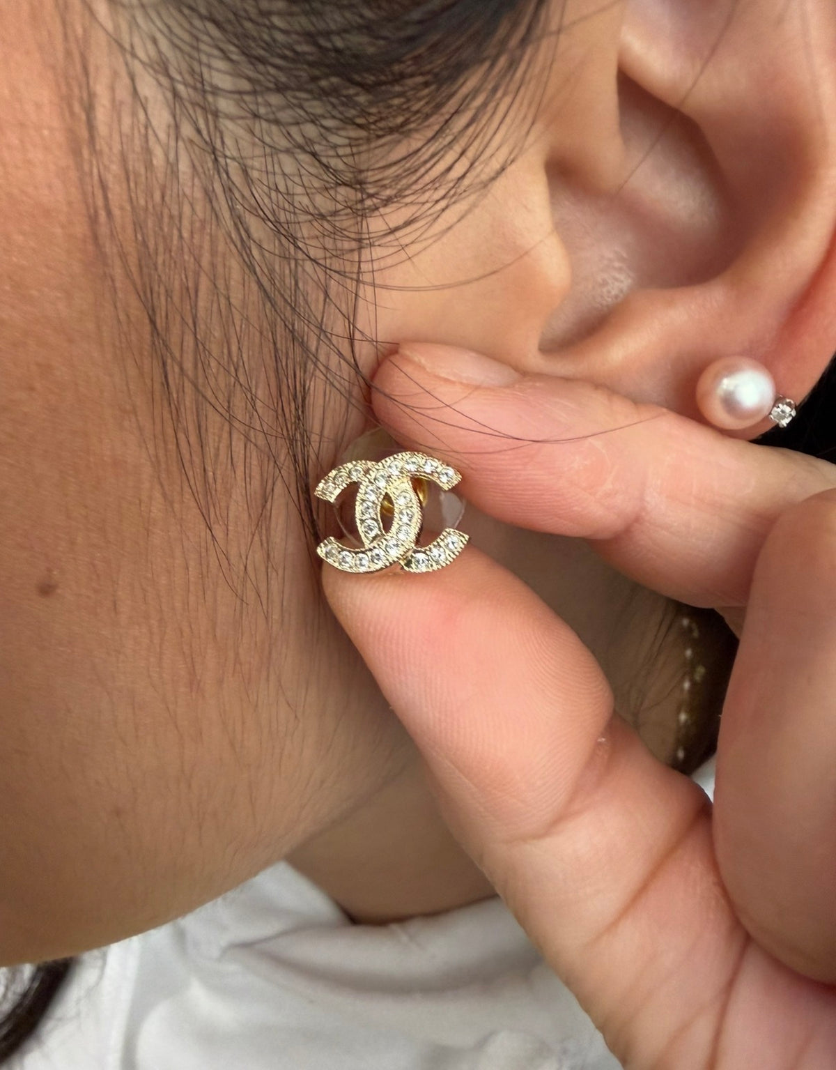 CHANEL Mini Gold Crystal CC Stud Earrings