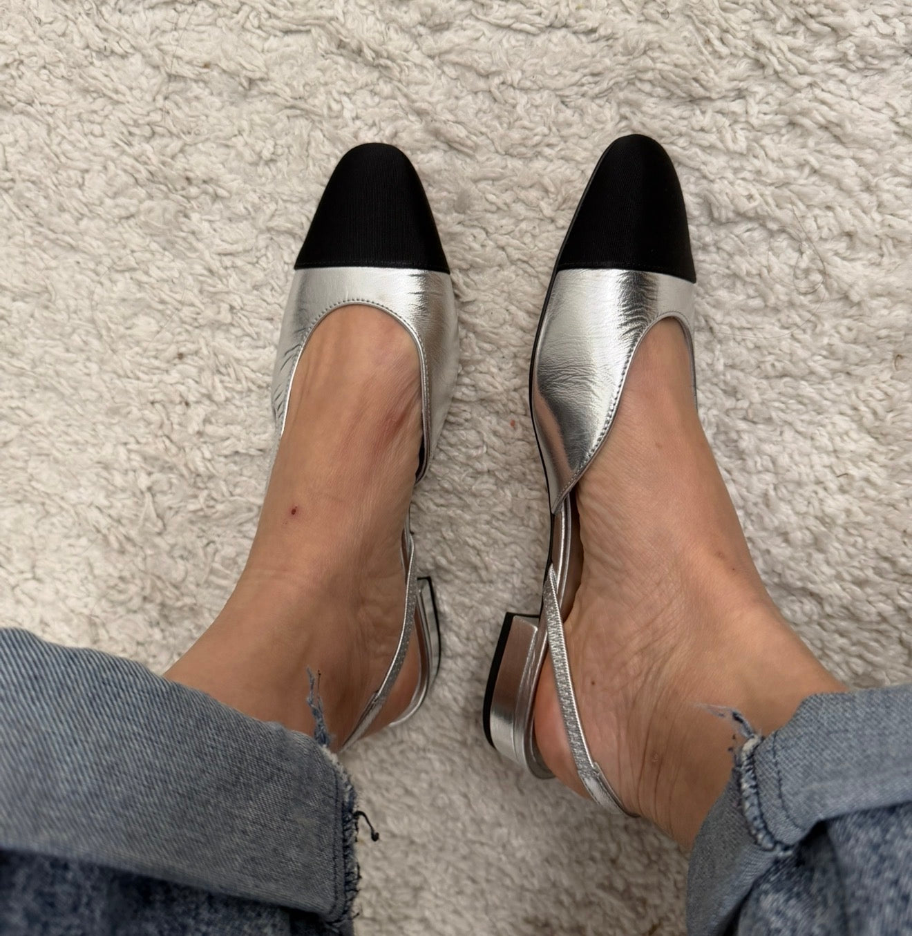 CHANEL Silver Metallic Slingback Flats