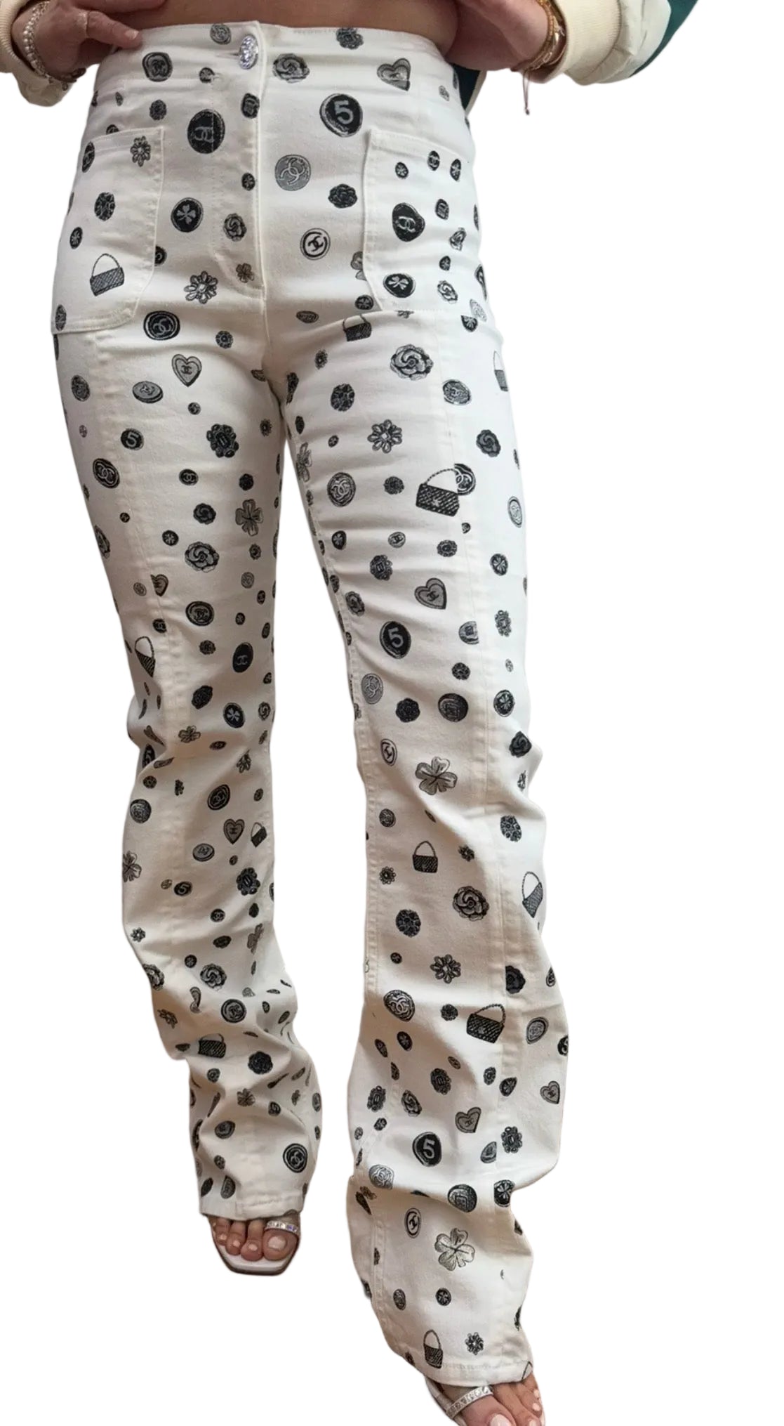 CHANEL White Denim Jeans with Black Charms Logos