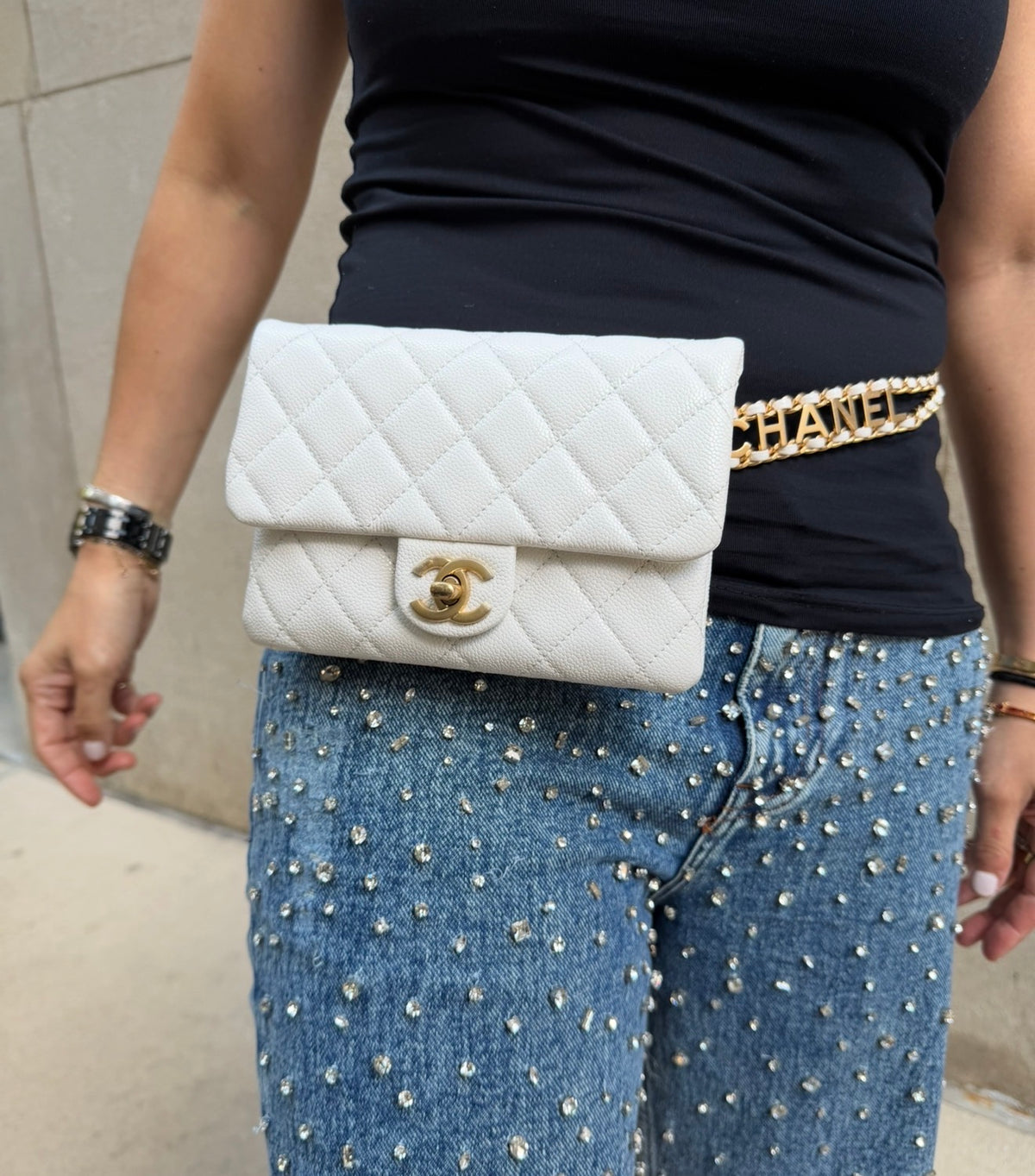 CHANEL White Leather Waist Bag with CC Belt Charm