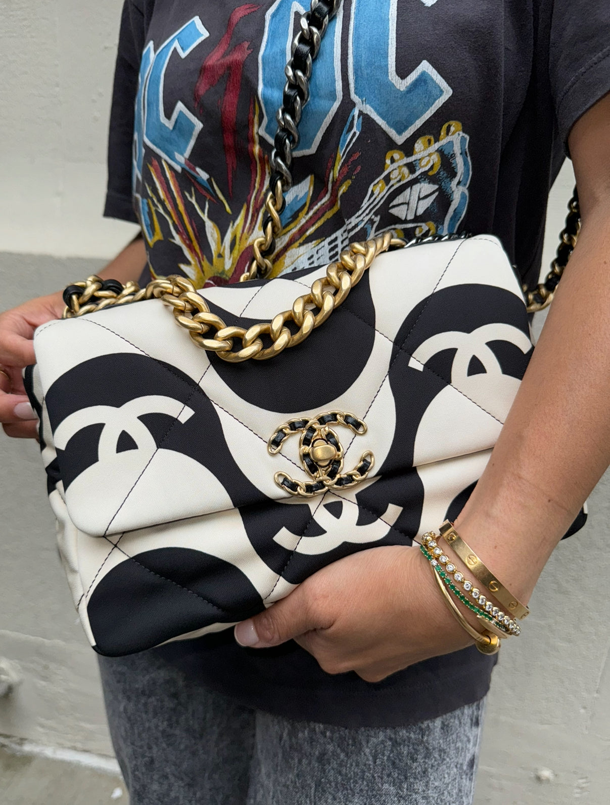 Chanel 19 Black and White CC Fabric Bag