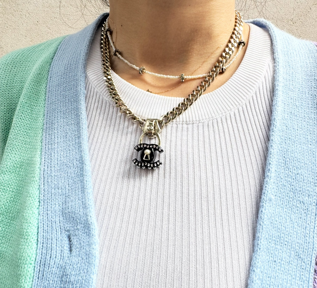 Chanel Black CC Lock Gold Necklace