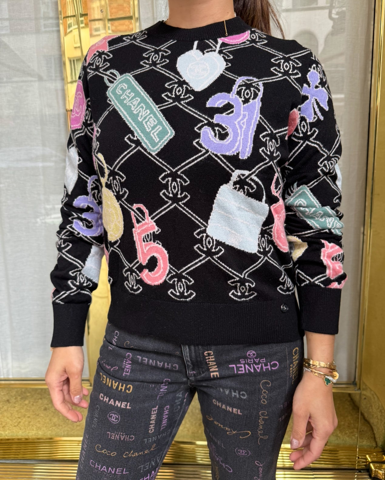 Chanel Black Cashmere Pullover with Colorful CC Logo and Charms - Size