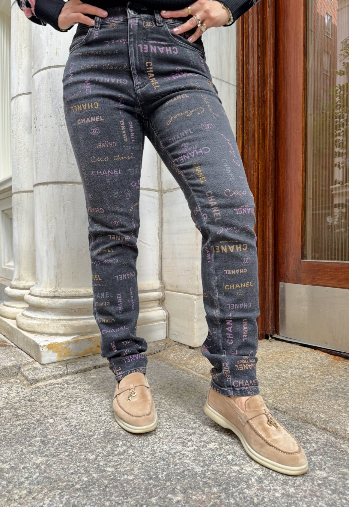 Chanel Black Denim Jeans with Multicolor CHANEL Print